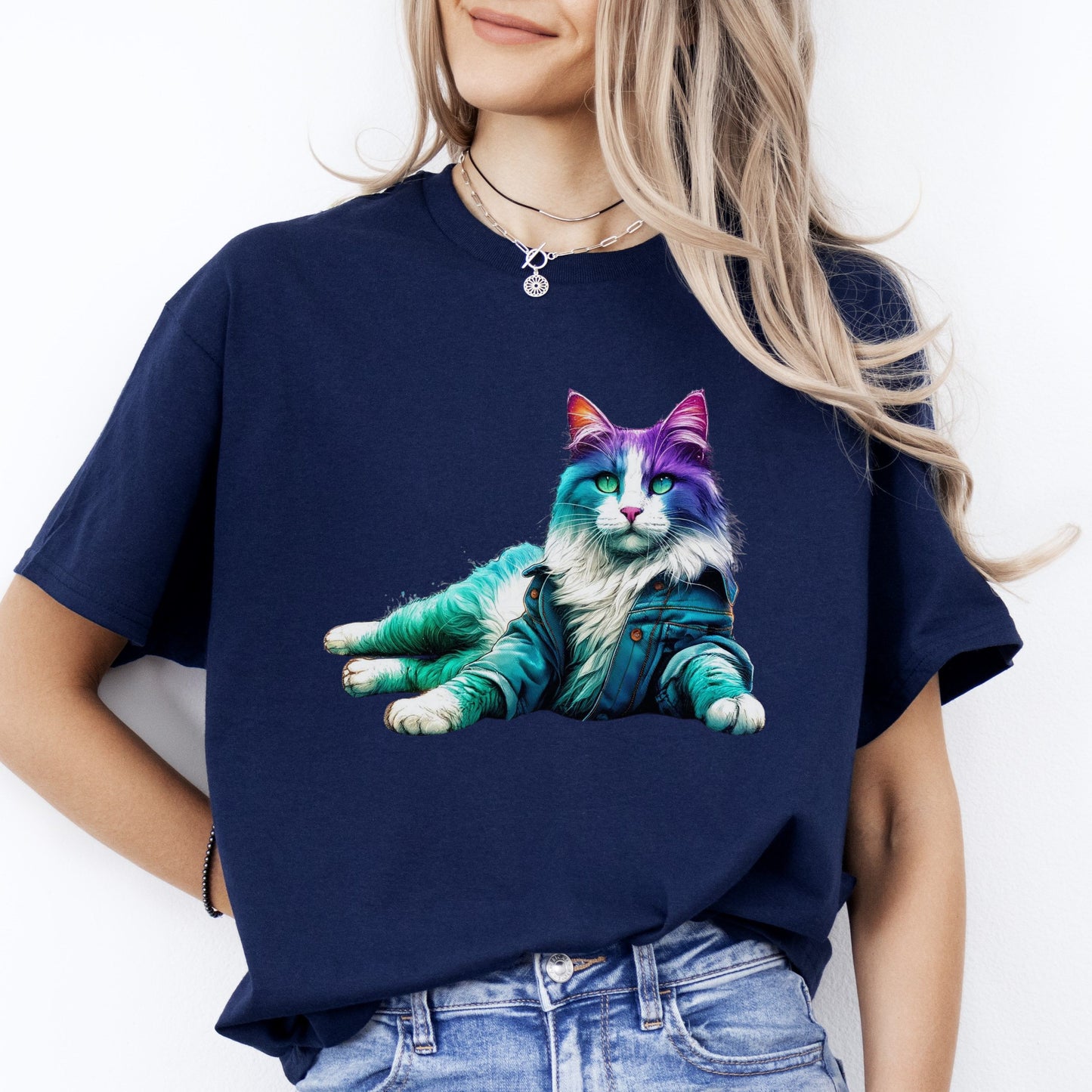 Laying Cat T-Shirt Cool Lazy cat Unisex tee Black Navy Dark Heather-Navy-Family-Gift-Planet