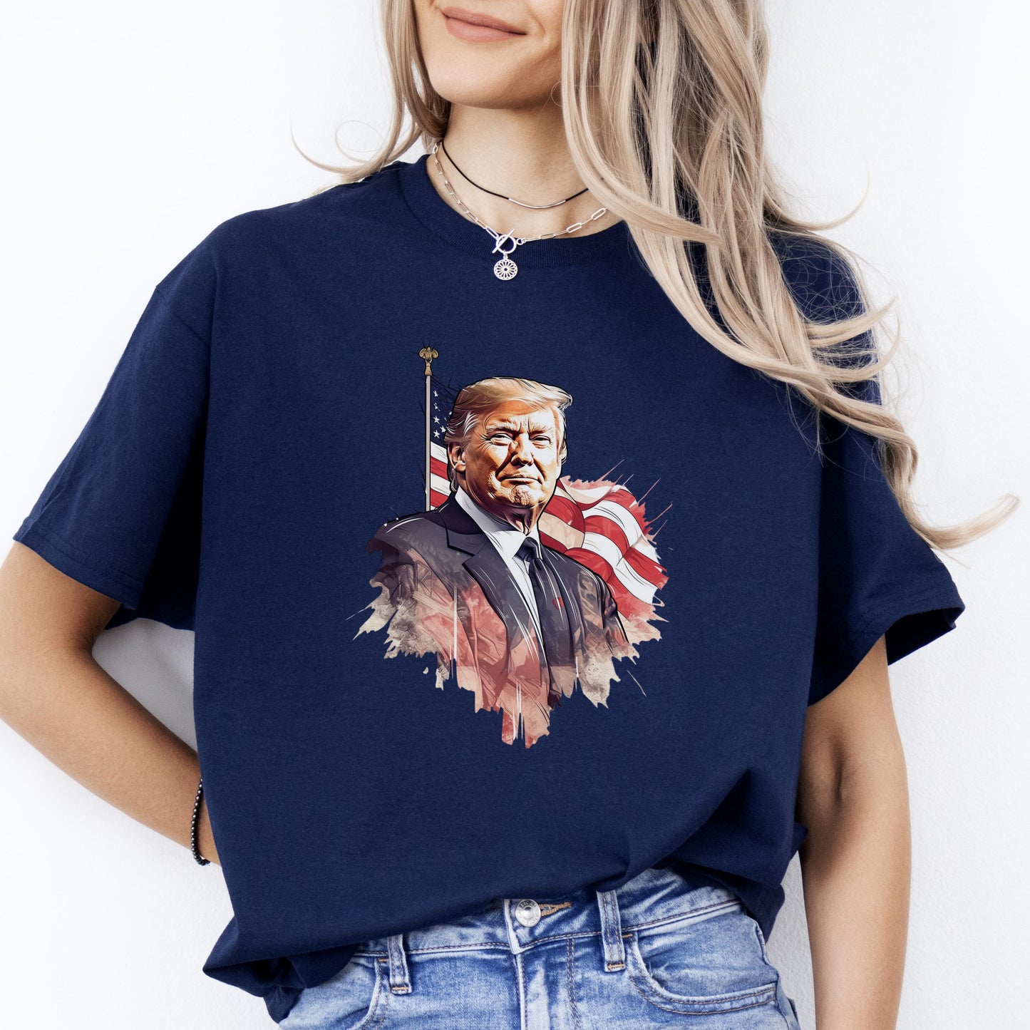 Stylish Donald Trump US flag T-Shirt American election Unisex tee Black Navy Dark Heather-Navy-Family-Gift-Planet