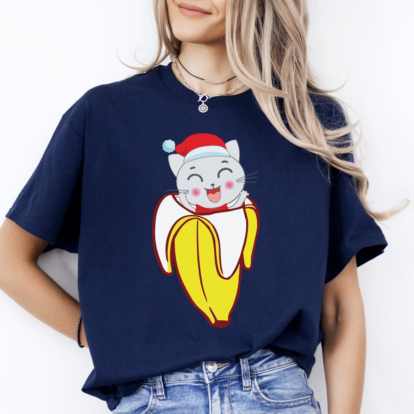 Banana Cat T-Shirt gift Christmas cat in banana Cat mom Unisex Tee Black Navy Dark Heather-Navy-Family-Gift-Planet