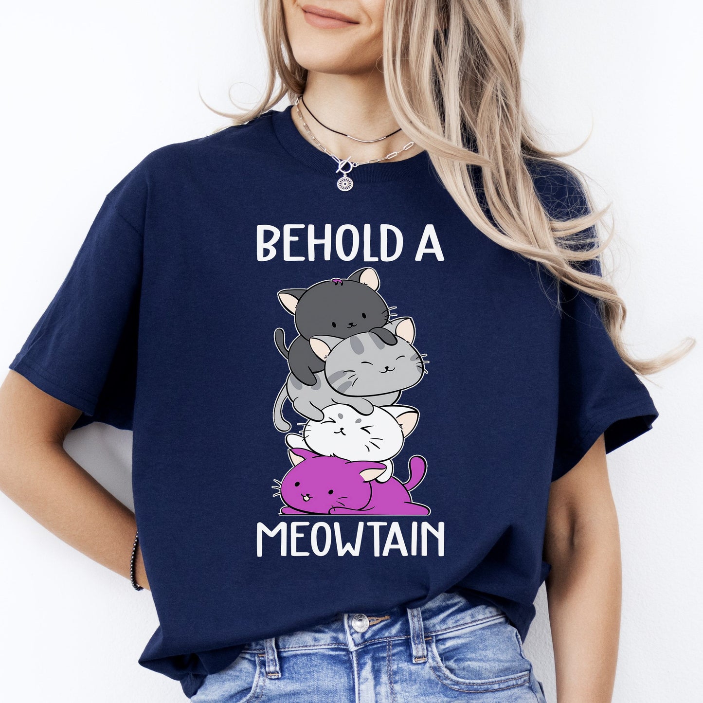 Behold a meowtain T-Shirt gift Funny cat pile Cat mom Unisex Tee Black Navy Dark Heather-Navy-Family-Gift-Planet