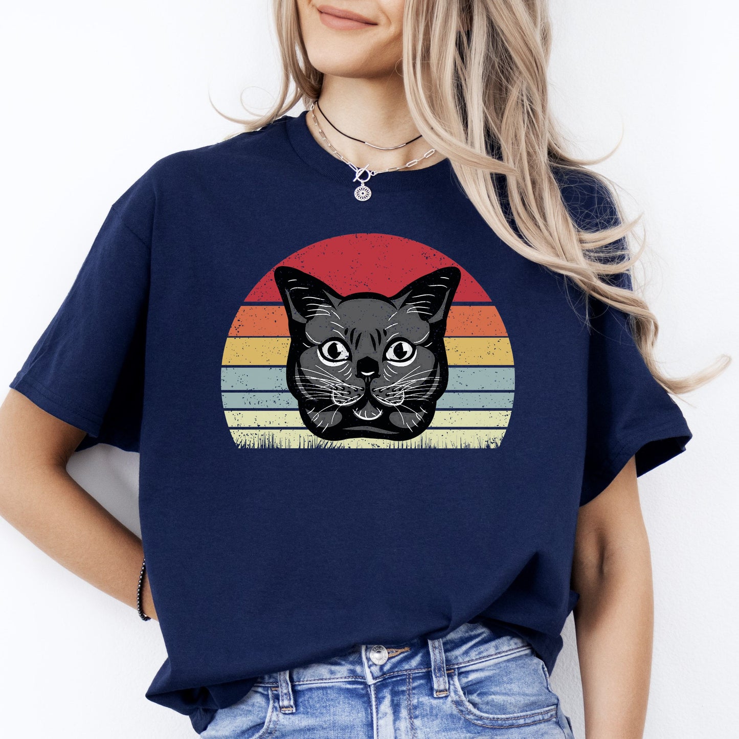 Cat Retro T-Shirt gift Trendy Black Cat mom cat dad Unisex Tee Black Navy Dark Heather-Navy-Family-Gift-Planet