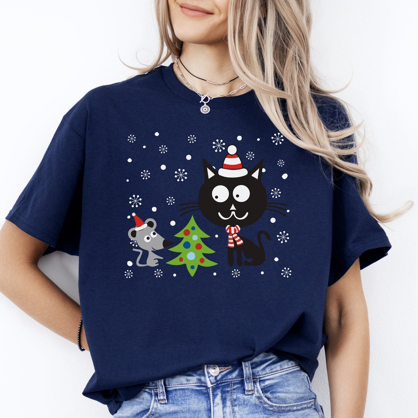 Cat and Mouse Christmas T-Shirt gift Show Cat mom Unisex Tee Black Navy Dark Heather-Navy-Family-Gift-Planet