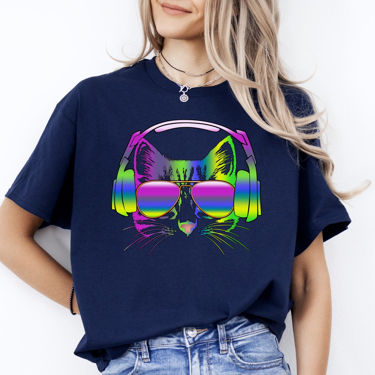 Cat headphone T-Shirt gift Neon Cat listen music cat mom Unisex Tee Black Navy Dark Heather-Navy-Family-Gift-Planet