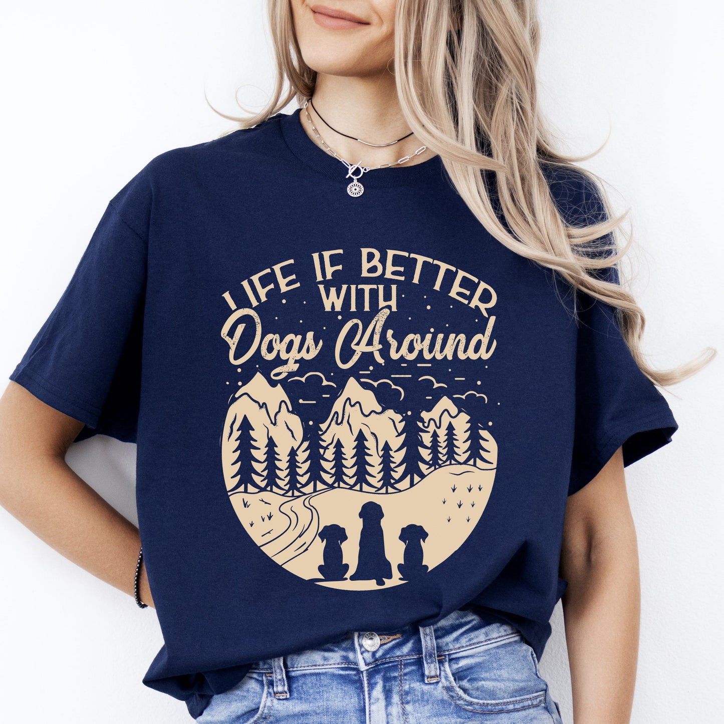 Life is better with dogs around T-Shirt gift Adventure Dog mom Unisex tee Black Navy Dark Heather-Navy-Family-Gift-Planet