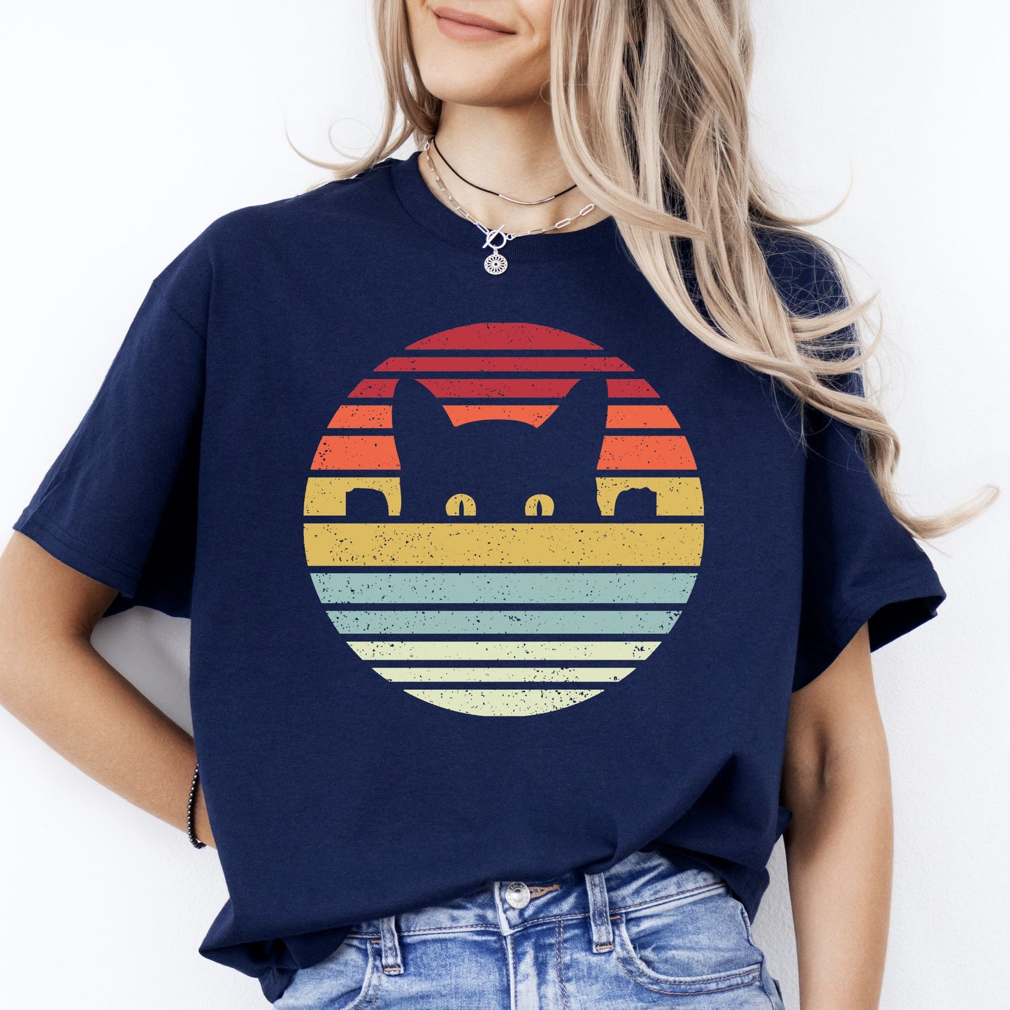 Retro Cat T-Shirt gift Black cat colorful Cat mom Unisex Tee Black Navy Dark Heather-Navy-Family-Gift-Planet