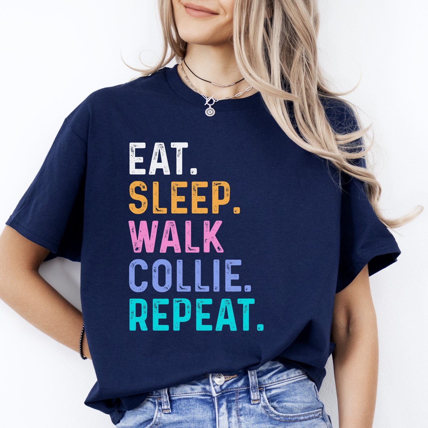 Collie Unisex T-Shirt Eat Sleep Walk Collie Repeat Collie Dog lover gift-Navy-Family-Gift-Planet