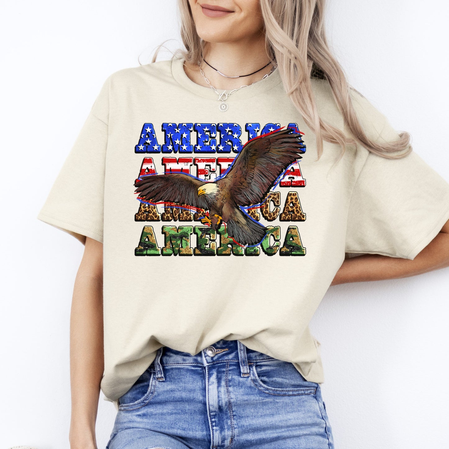 America American Eagle T-Shirt USA patriotic Unisex tee White Sand Grey-Sand-Family-Gift-Planet