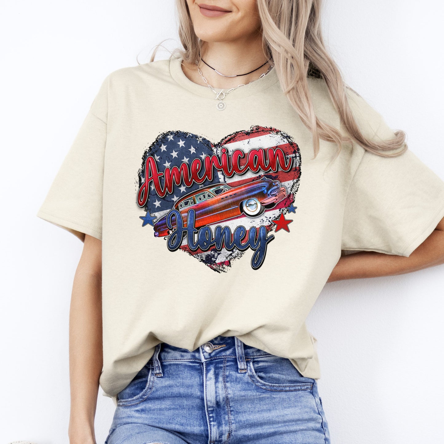 American Honey T-Shirt US flag newlywed honeymoon heart Unisex tee White Sand Grey-Sand-Family-Gift-Planet