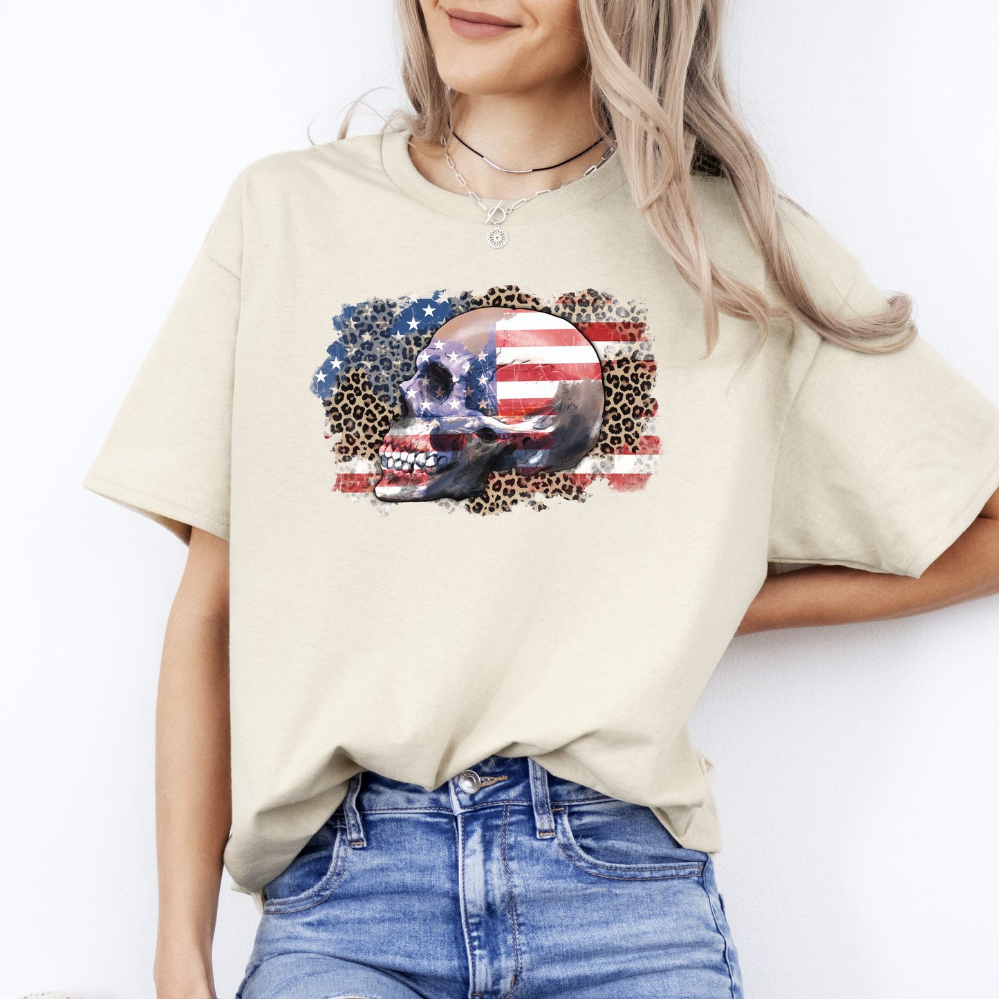 American flag skull T-Shirt US flag leopard skin skull Unisex tee White Sand Grey-Sand-Family-Gift-Planet