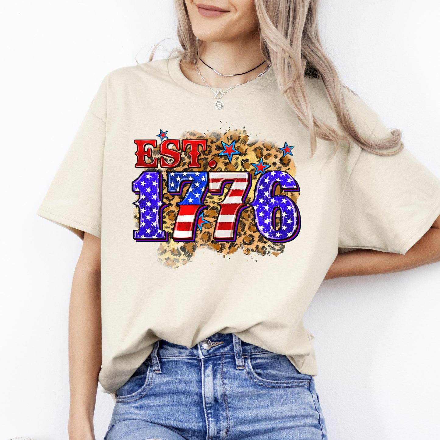 Est. 1776 4th of July T-Shirt gift leopard skin patriotic America independence Tee Sand White Sport Grey-Sand-Family-Gift-Planet