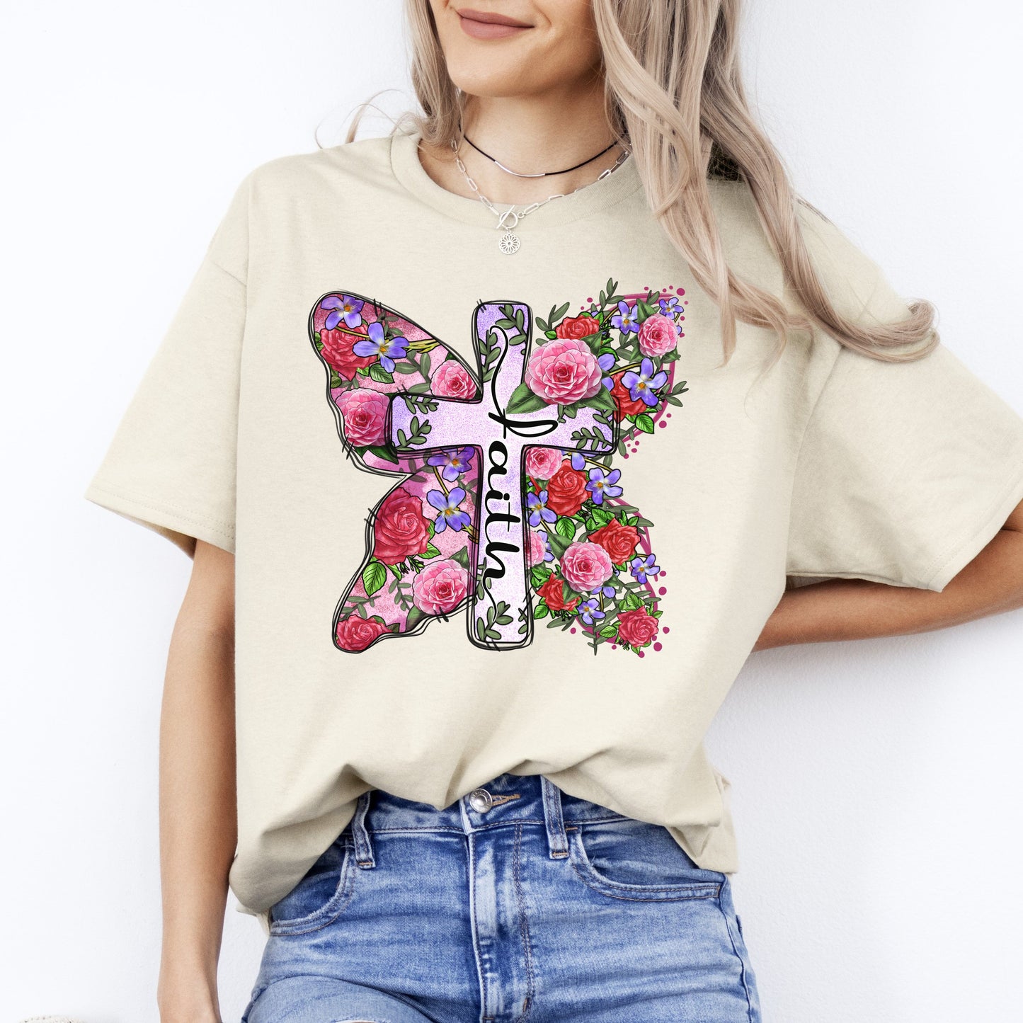 Faith flower cross T-Shirt gift Christian cross butterfly floral Unisex Tee Sand White Sport Grey-Sand-Family-Gift-Planet