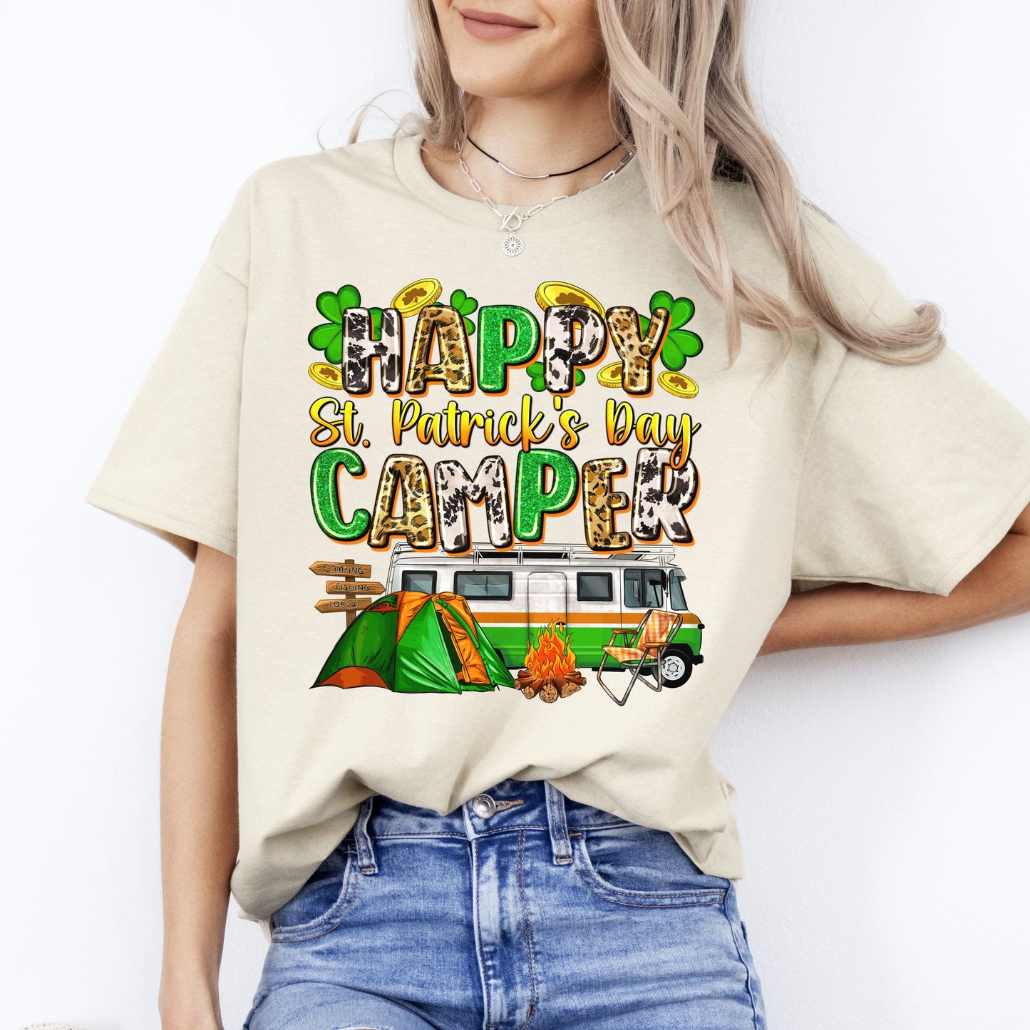 Happy St. Patrick's day camper T-Shirt gift tent bonfire Unisex tee Sand White Sport Grey-Sand-Family-Gift-Planet