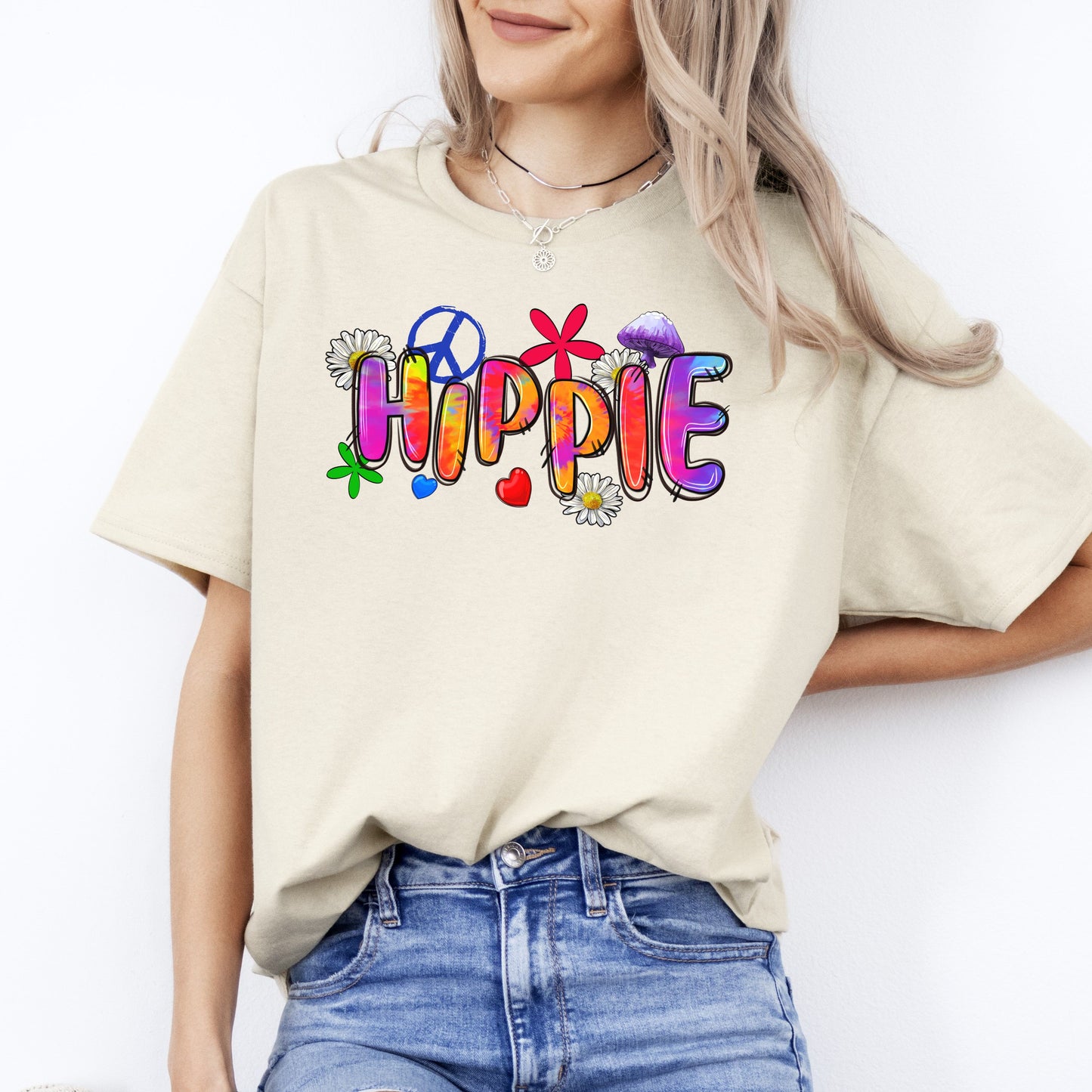 Hippie T-Shirt gift Bright colorful peace mushrooms flowers hippy Unisex tee Sand White Sport Grey-Sand-Family-Gift-Planet