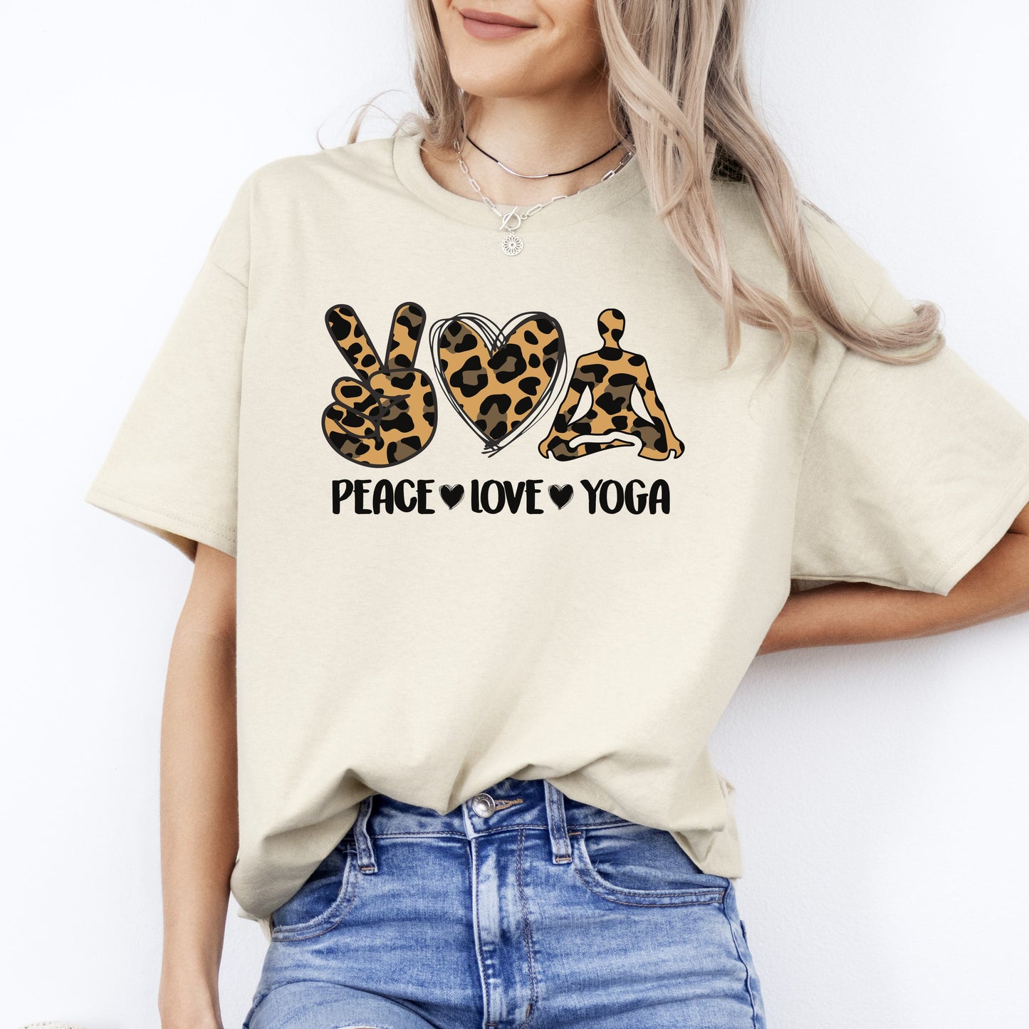 Peace Love Yoga T-Shirt Leopard skin Meditation Yoga Teacher Unisex Tee Sand White Sport Grey-Sand-Family-Gift-Planet