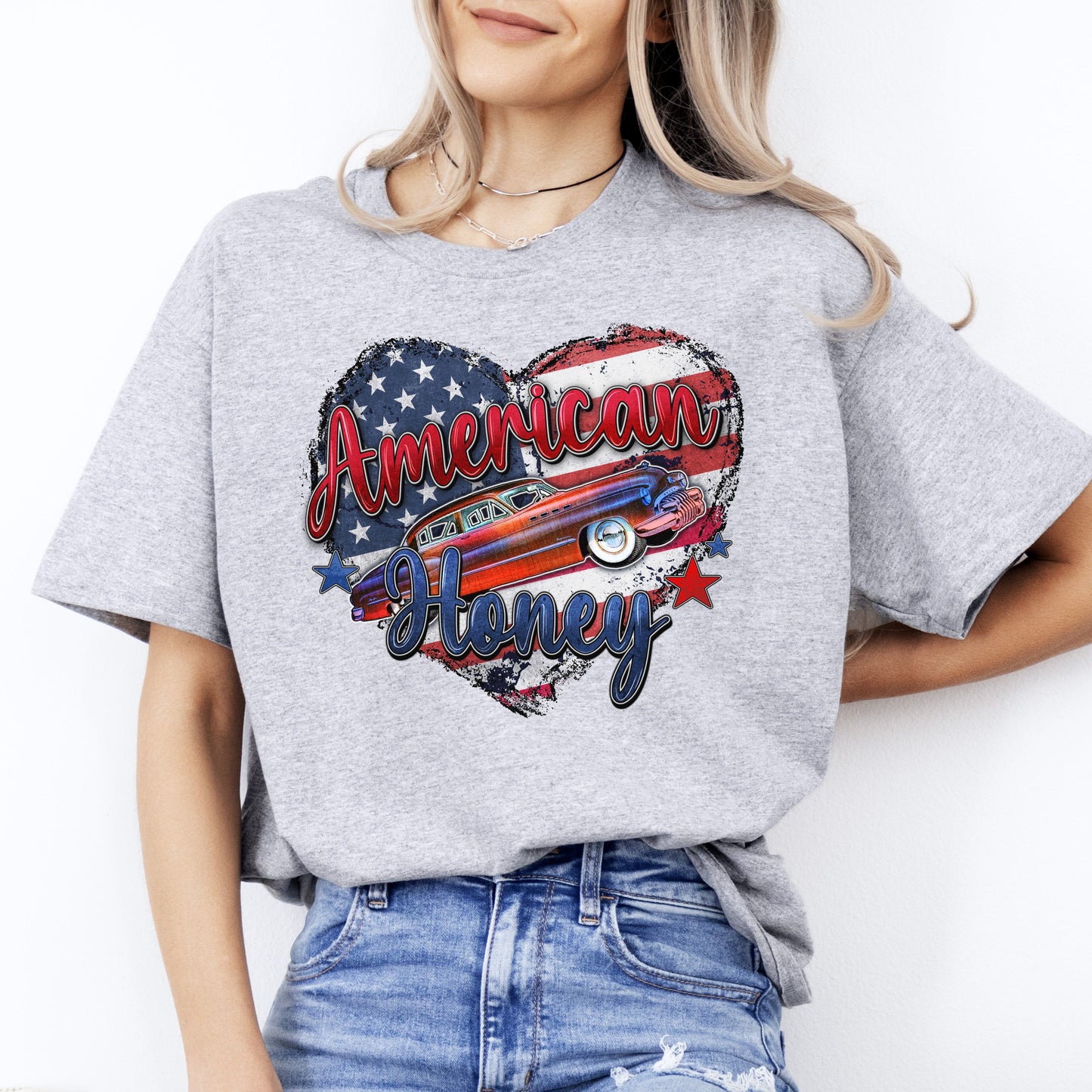 American Honey T-Shirt US flag newlywed honeymoon heart Unisex tee White Sand Grey-Sport Grey-Family-Gift-Planet