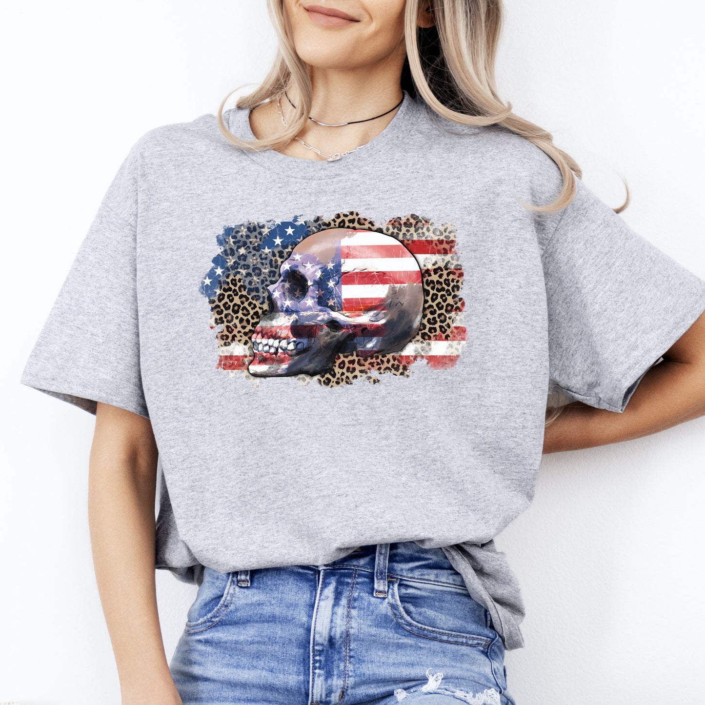 American flag skull T-Shirt US flag leopard skin skull Unisex tee White Sand Grey-Sport Grey-Family-Gift-Planet