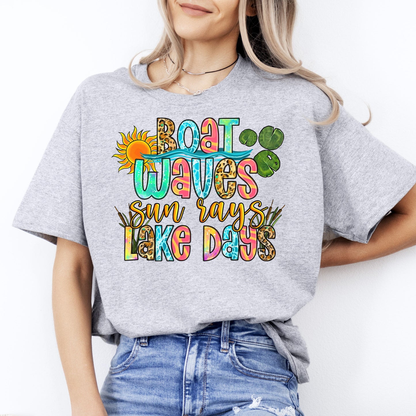 Boat waves sun rays lake days T-Shirt Summer Holiday Unisex tee Sand White Sport Grey-Sport Grey-Family-Gift-Planet