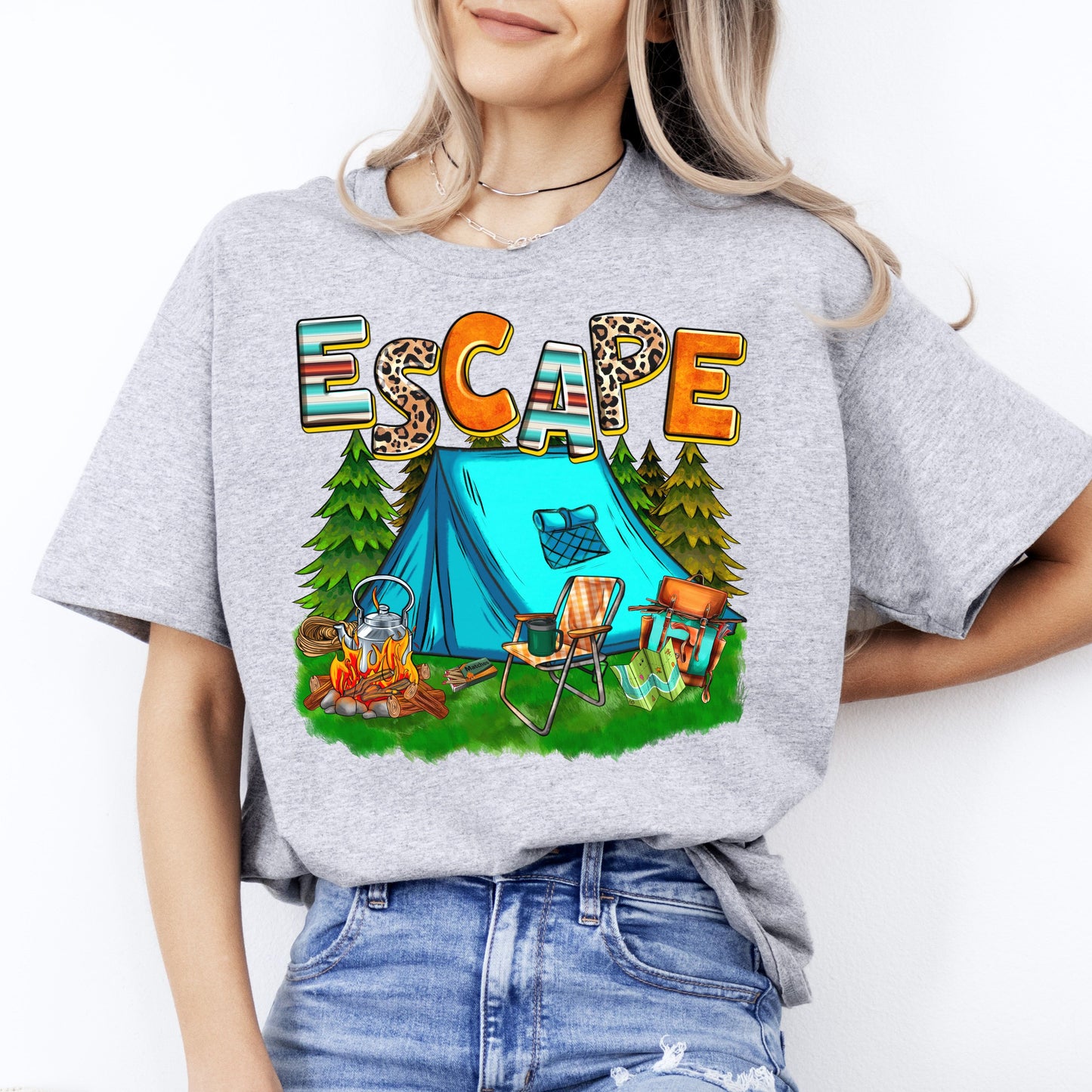 Escape camping T-Shirt gift Tent Bonfire Social distance Camper Unisex Tee Sand White Sport Grey-Sport Grey-Family-Gift-Planet