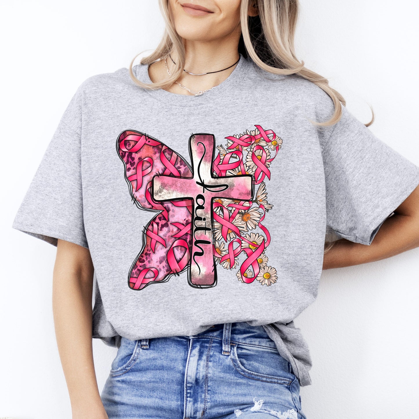 Faith cancer cross T-Shirt gift Breast cancer awareness pink ribbon Tee Sand White Sport Grey-Sport Grey-Family-Gift-Planet