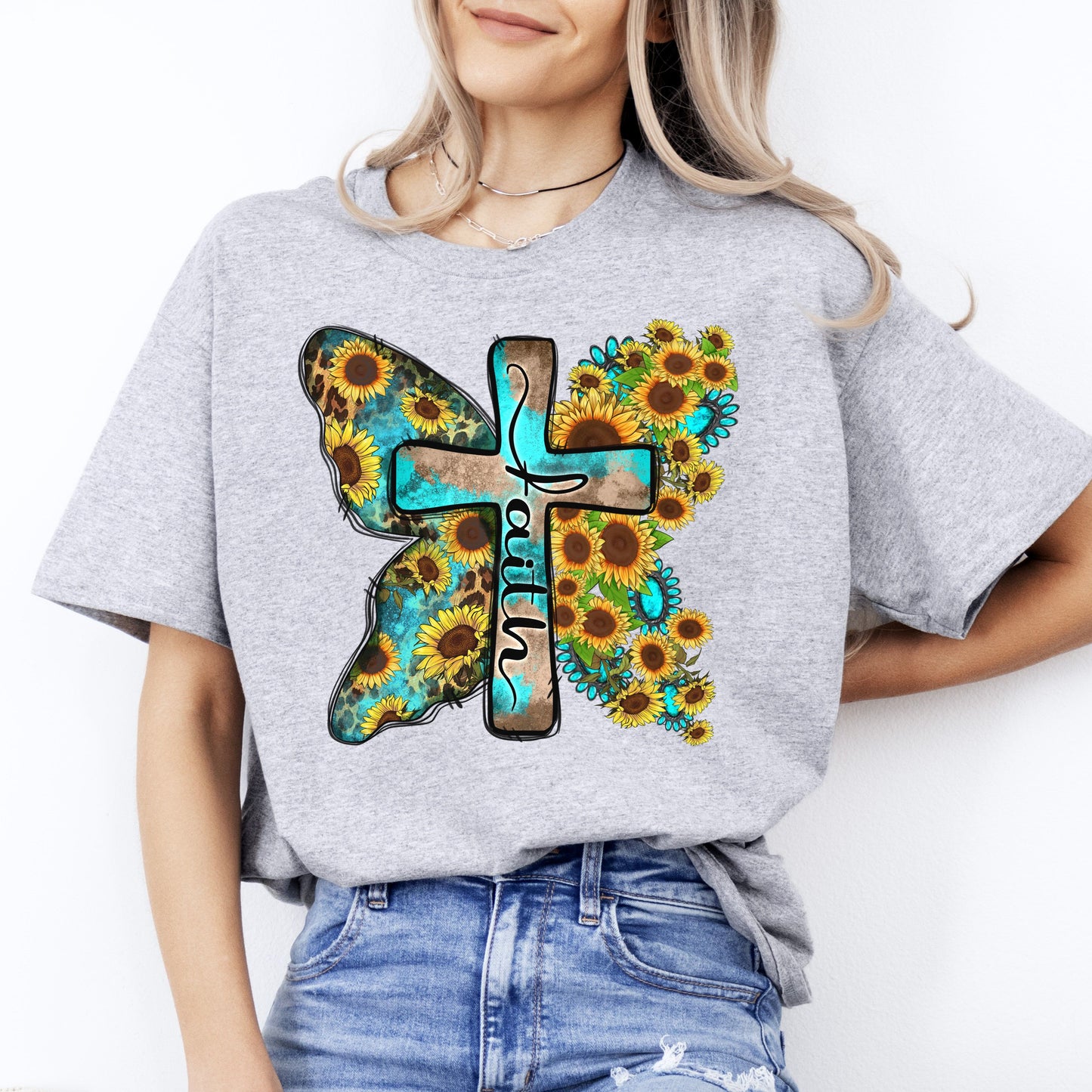 Faith sunflower cross T-Shirt Butterfly Christian faith cross Unisex Tee Sand White Sport Grey-Sport Grey-Family-Gift-Planet