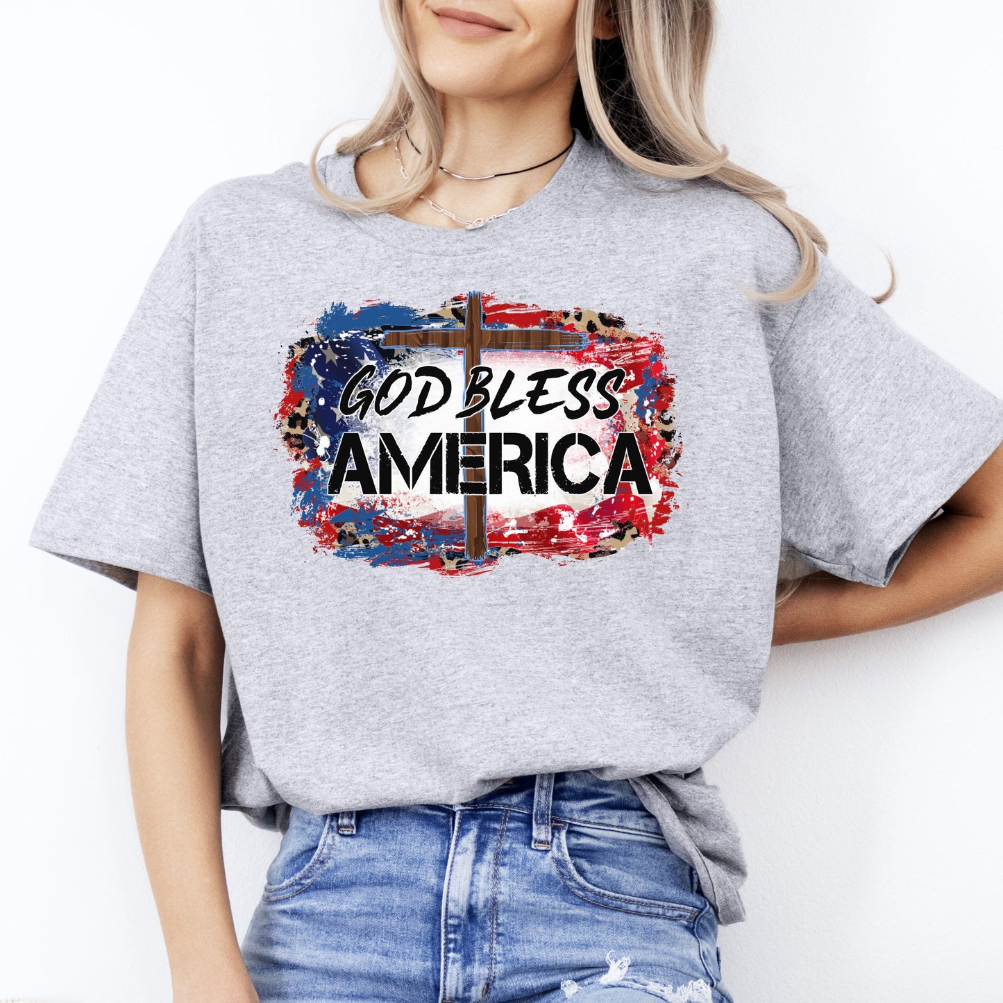 God Bless America T-Shirt gift Faith cross Patriotic USA Unisex tee Sand White Sport Grey-Sport Grey-Family-Gift-Planet
