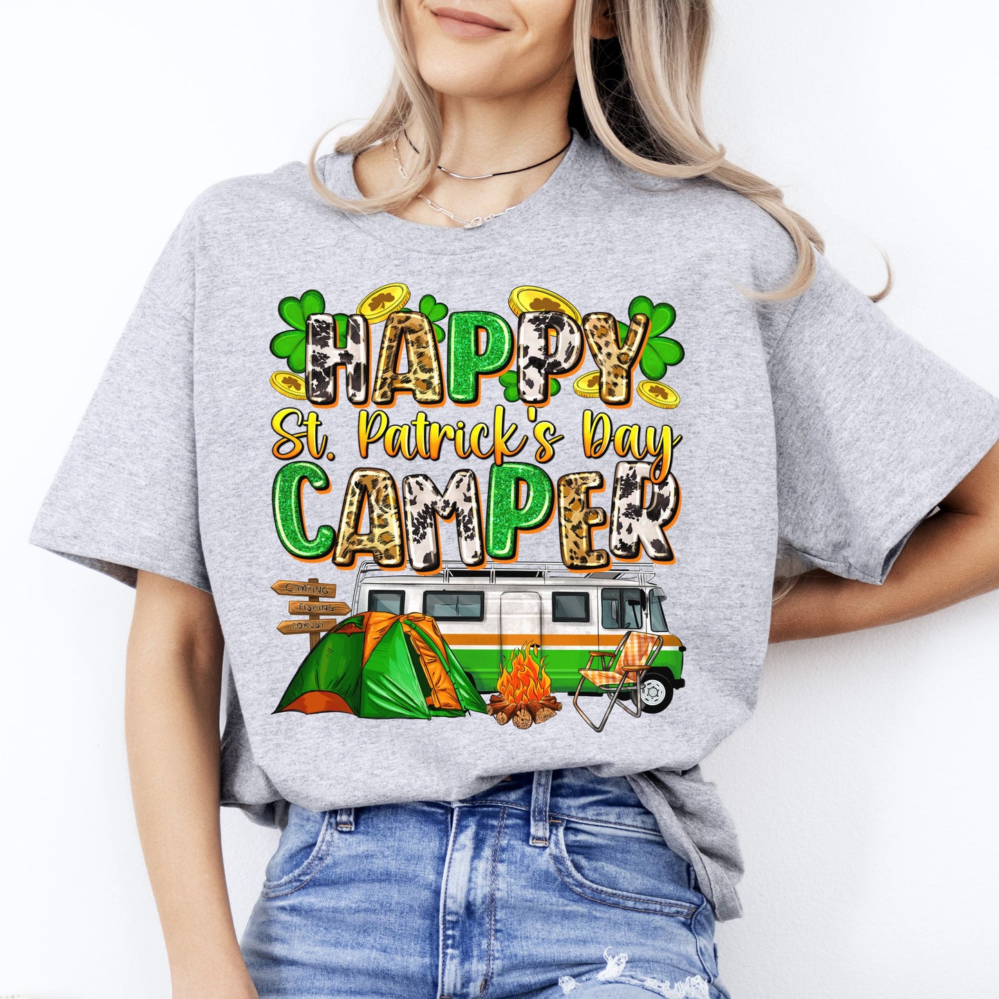 Happy St. Patrick's day camper T-Shirt gift tent bonfire Unisex tee Sand White Sport Grey-Sport Grey-Family-Gift-Planet