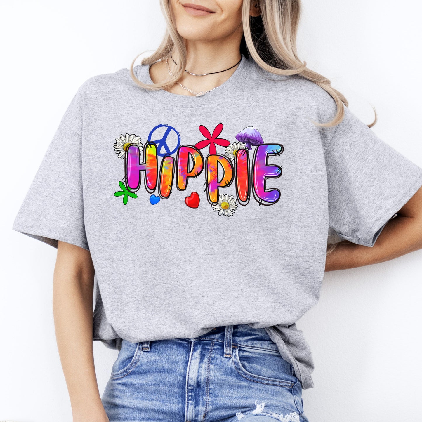 Hippie T-Shirt gift Bright colorful peace mushrooms flowers hippy Unisex tee Sand White Sport Grey-Sport Grey-Family-Gift-Planet