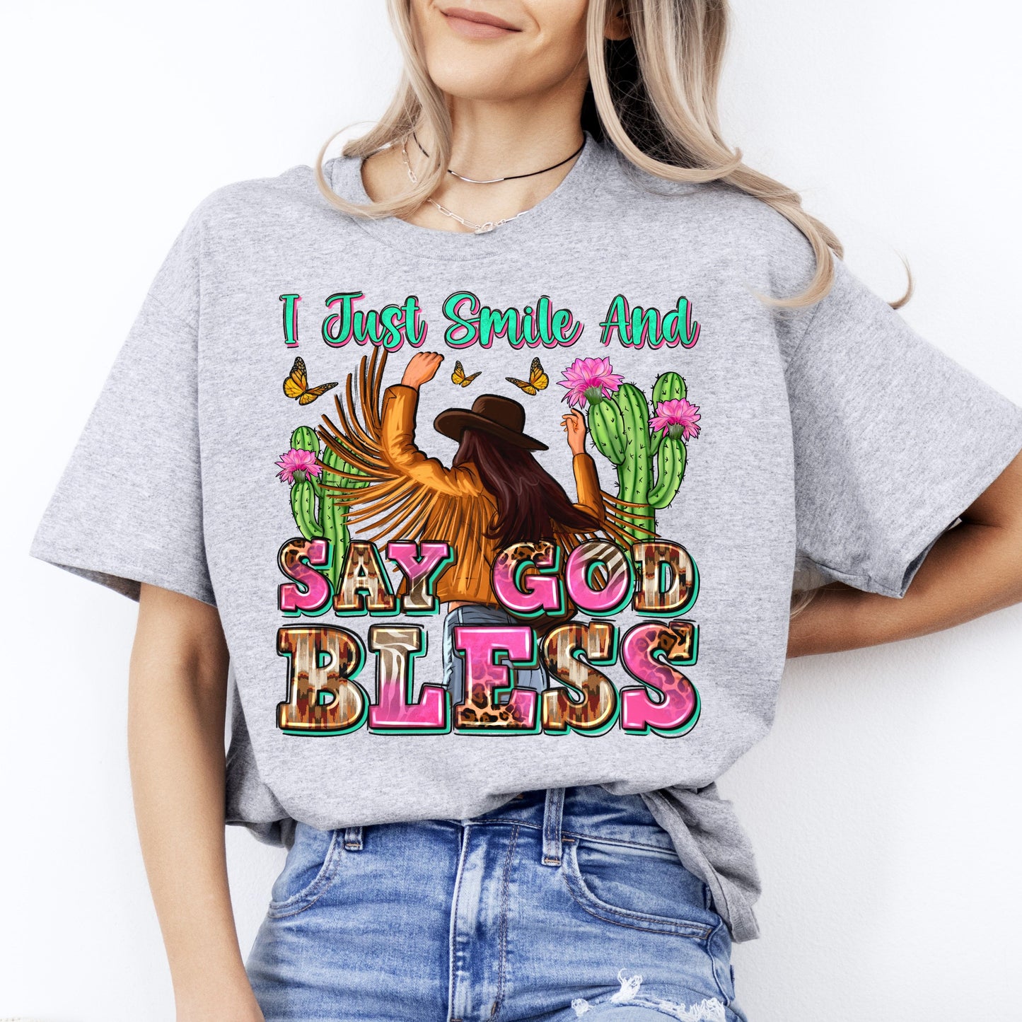 Western girl T-Shirt I just smile and say God bless Unisex Tee Sand White Sport Grey-Sport Grey-Family-Gift-Planet