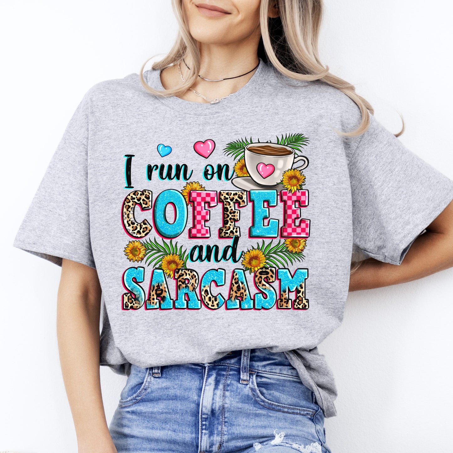 I run on coffee and sarcasm T-Shirt sarcastic coffee hearts flowers Unisex Tee Sand White Sport Grey-Sport Grey-Family-Gift-Planet
