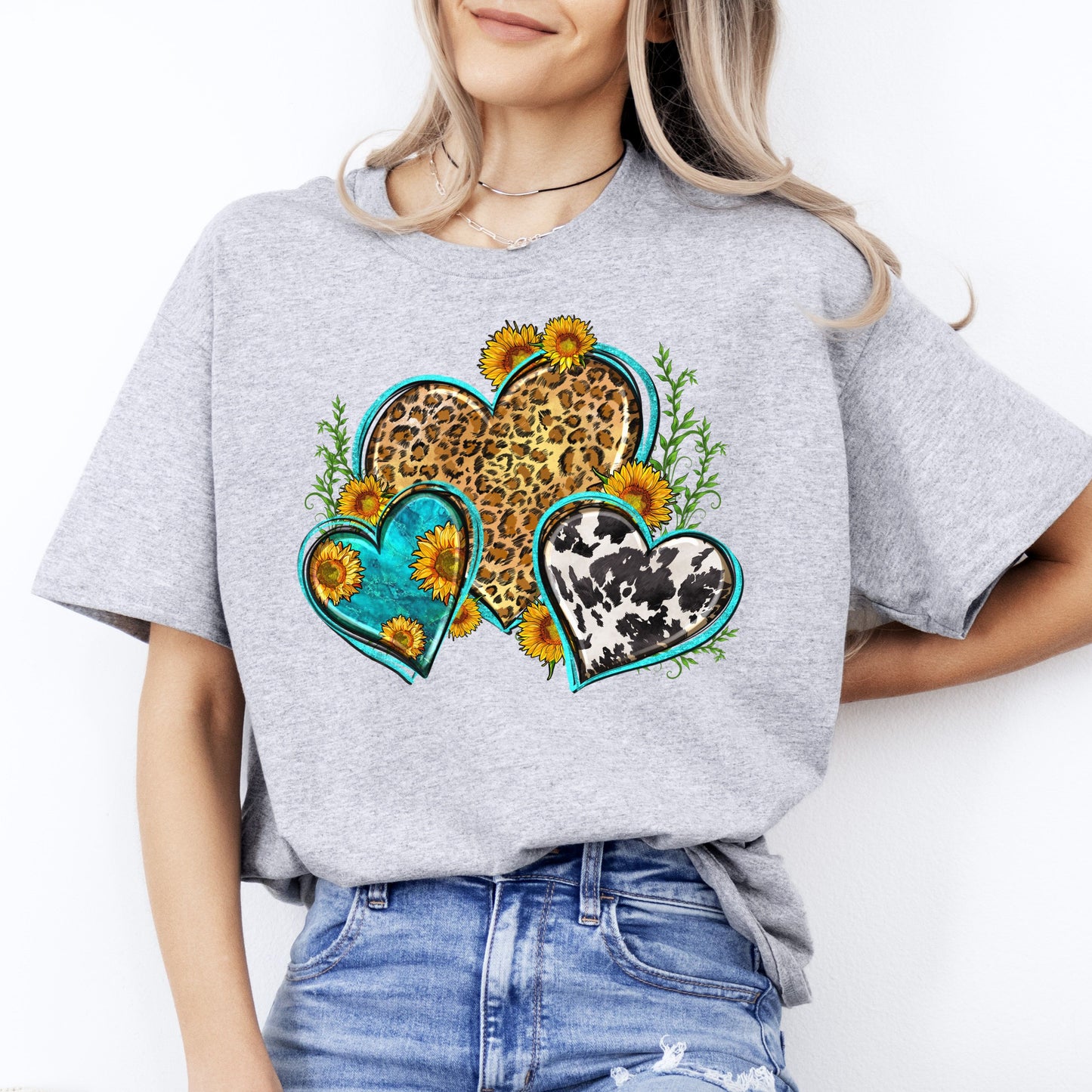 Leopard cowhide hearts T-Shirt gift Sunflower floral hearts Unisex Tee Sand White Sport Grey-Sport Grey-Family-Gift-Planet