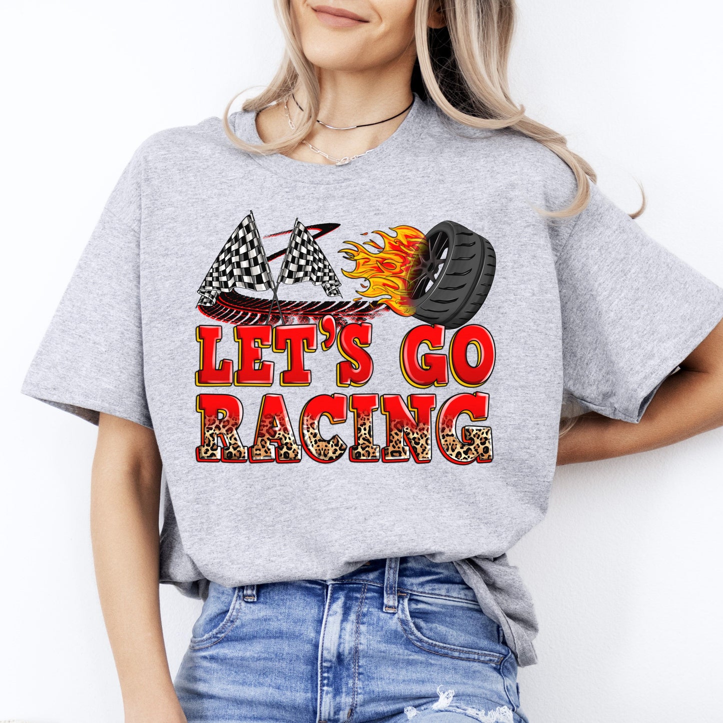 Lets go racing T-Shirt gift Leopard skin racer race day Unisex Tee Sand White Sport Grey-Sport Grey-Family-Gift-Planet