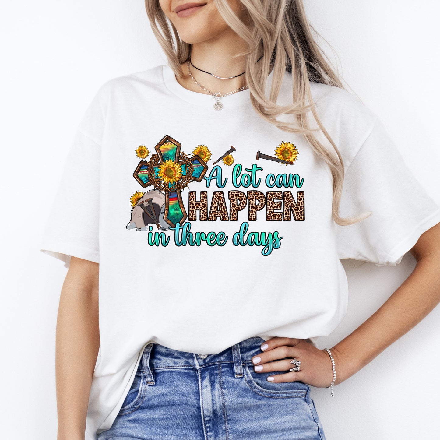 Easter T-Shirt A lot can happen in three days Unisex tee White Sand Grey-White-Family-Gift-Planet