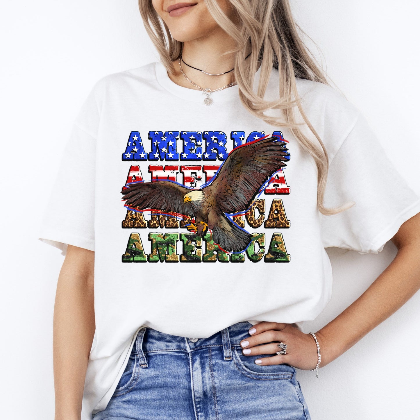 America American Eagle T-Shirt USA patriotic Unisex tee White Sand Grey-White-Family-Gift-Planet