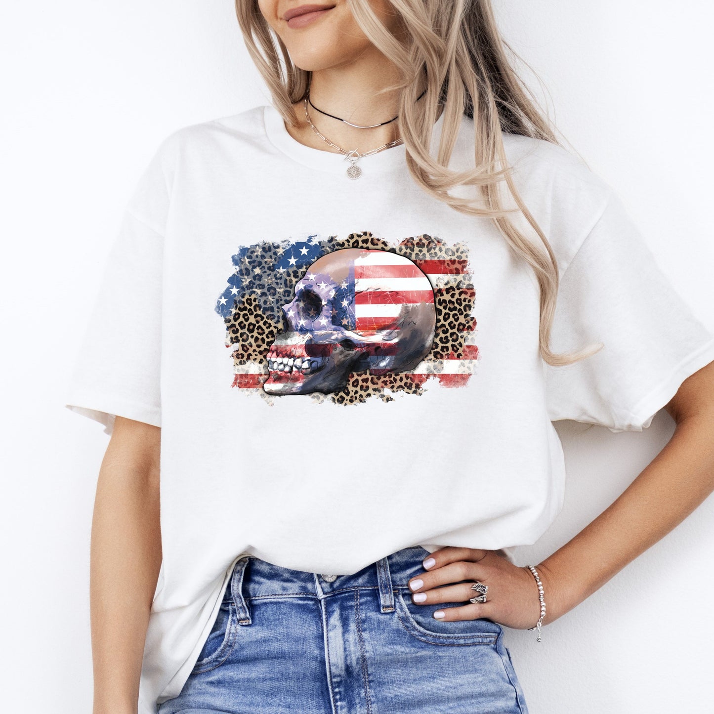 American flag skull T-Shirt US flag leopard skin skull Unisex tee White Sand Grey-White-Family-Gift-Planet