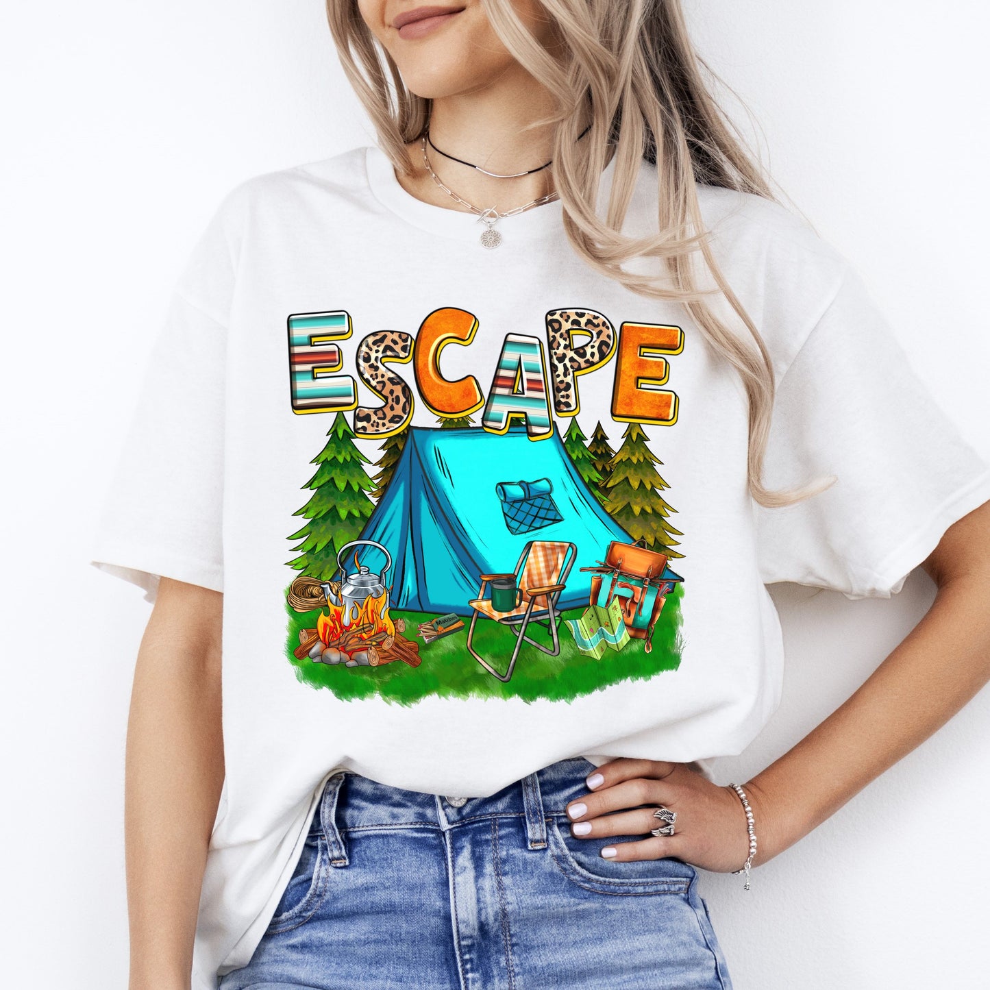 Escape camping T-Shirt gift Tent Bonfire Social distance Camper Unisex Tee Sand White Sport Grey-White-Family-Gift-Planet