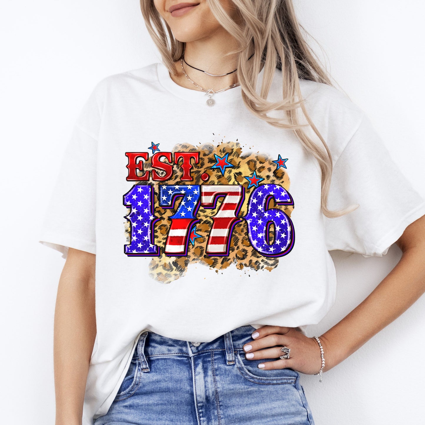 Est. 1776 4th of July T-Shirt gift leopard skin patriotic America independence Tee Sand White Sport Grey-White-Family-Gift-Planet