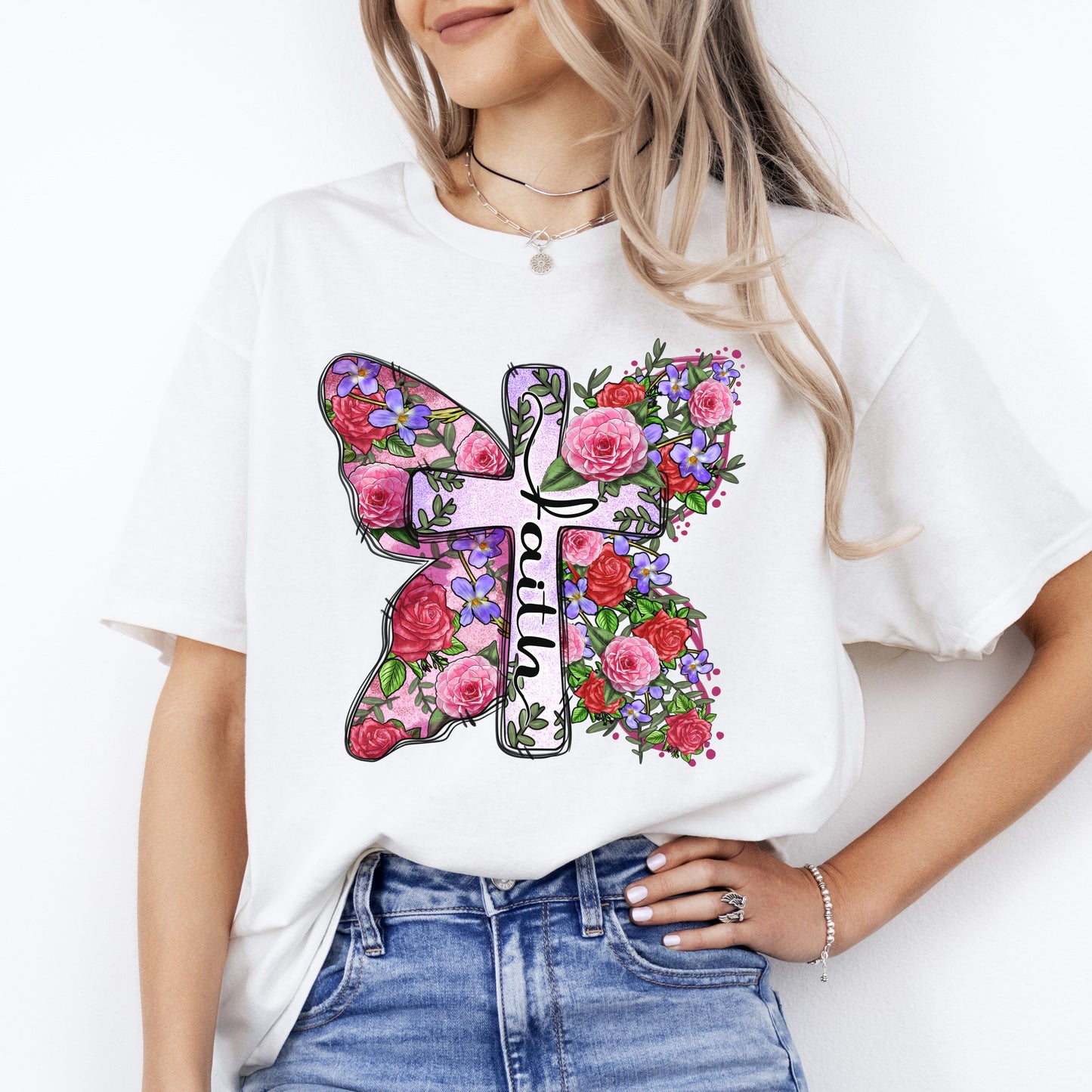 Faith flower cross T-Shirt gift Christian cross butterfly floral Unisex Tee Sand White Sport Grey-White-Family-Gift-Planet