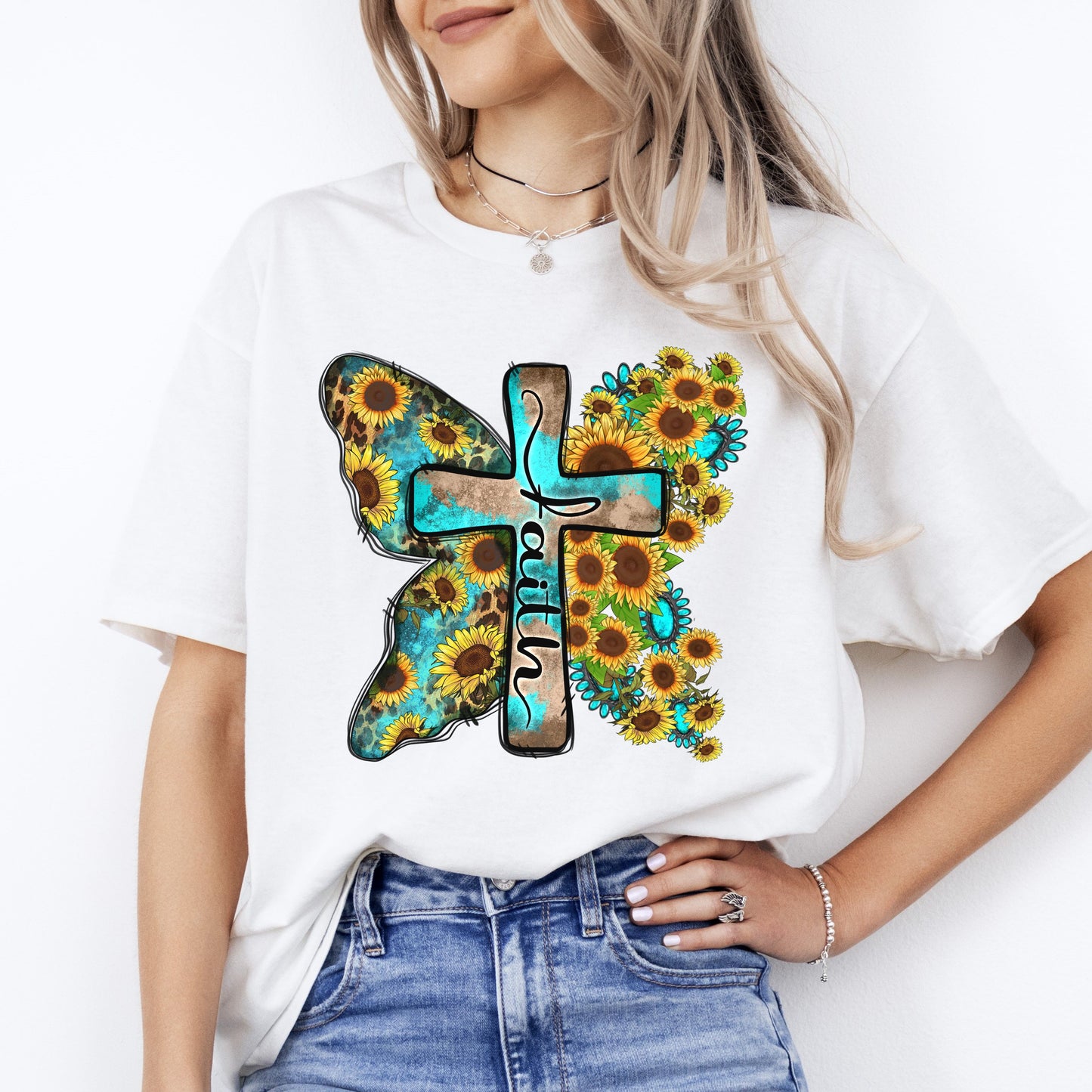 Faith sunflower cross T-Shirt Butterfly Christian faith cross Unisex Tee Sand White Sport Grey-White-Family-Gift-Planet