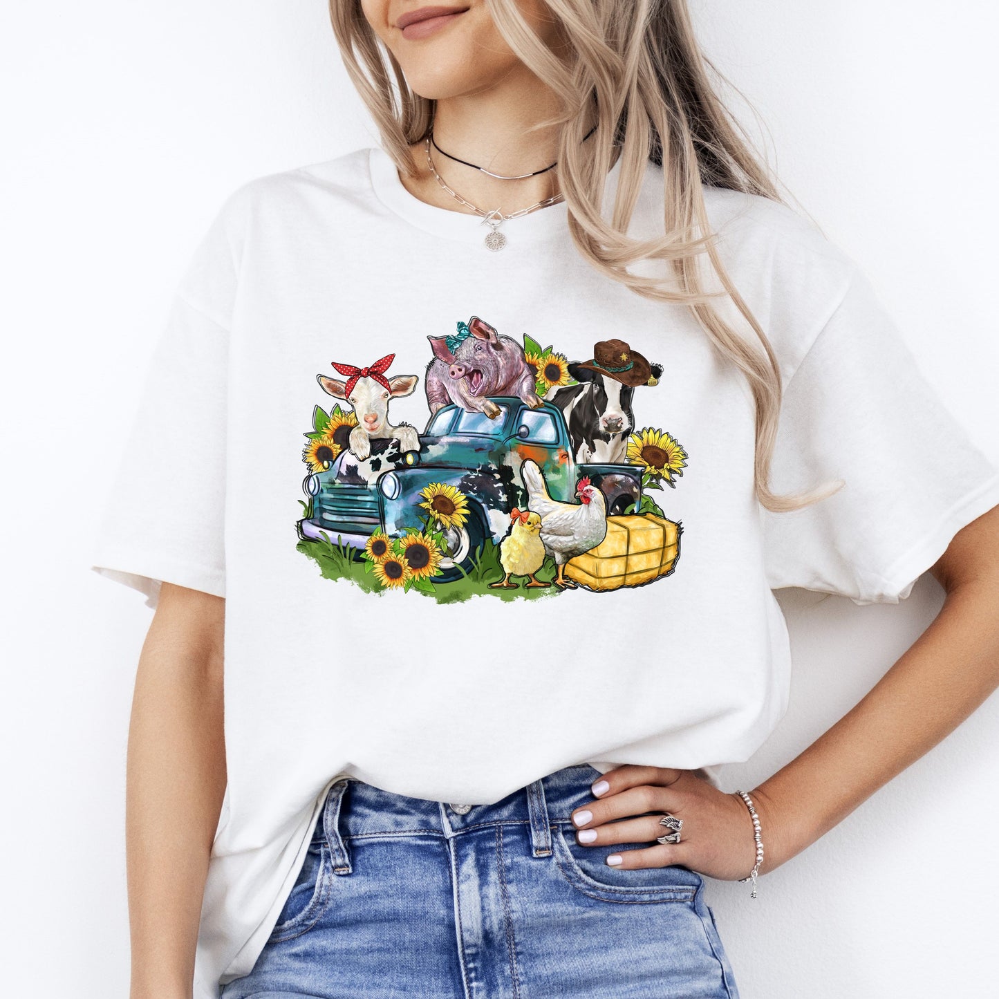Farm animals truck T-Shirt gift Sunflower cow gig chick goat Farmer Unisex tee Sand White Sport Grey-White-Family-Gift-Planet