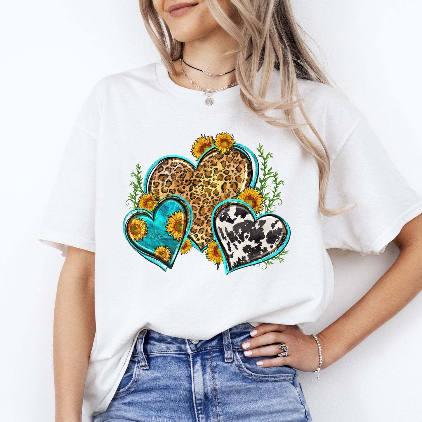 Leopard cowhide hearts T-Shirt gift Sunflower floral hearts Unisex Tee Sand White Sport Grey-White-Family-Gift-Planet