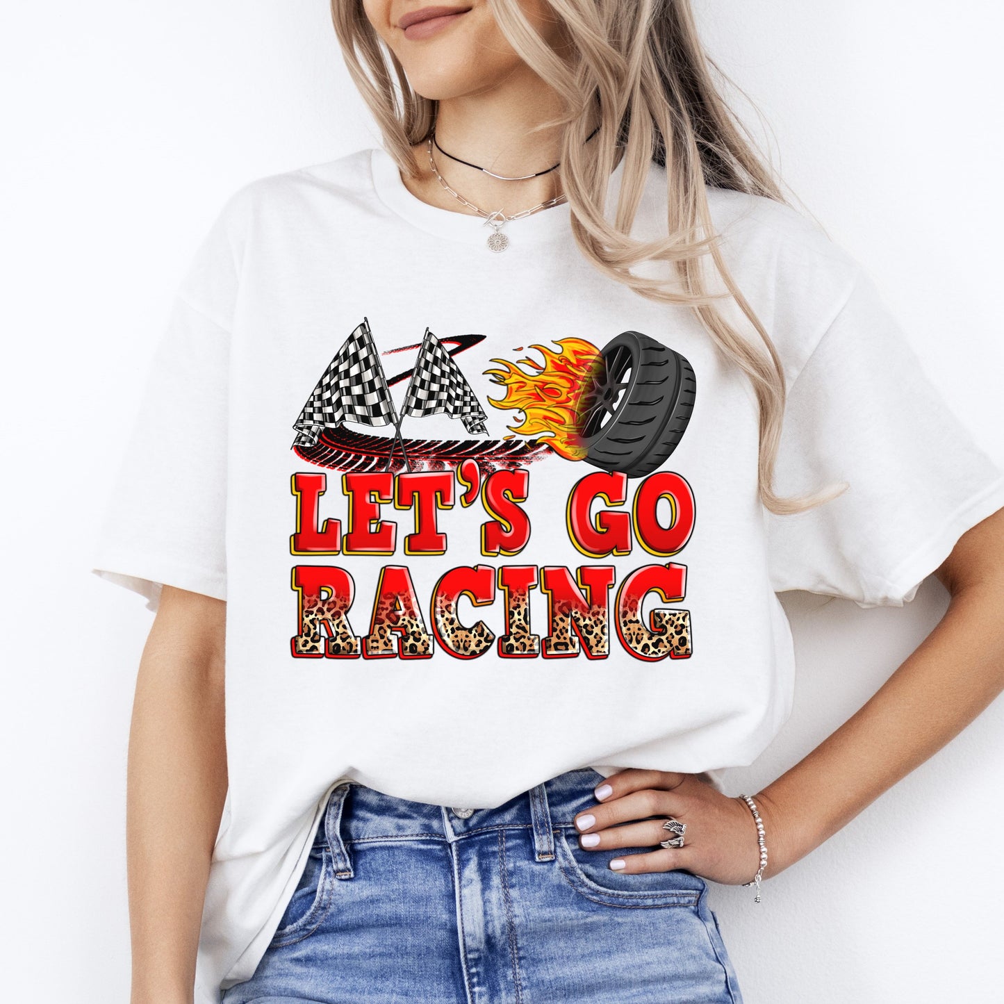 Lets go racing T-Shirt gift Leopard skin racer race day Unisex Tee Sand White Sport Grey-White-Family-Gift-Planet