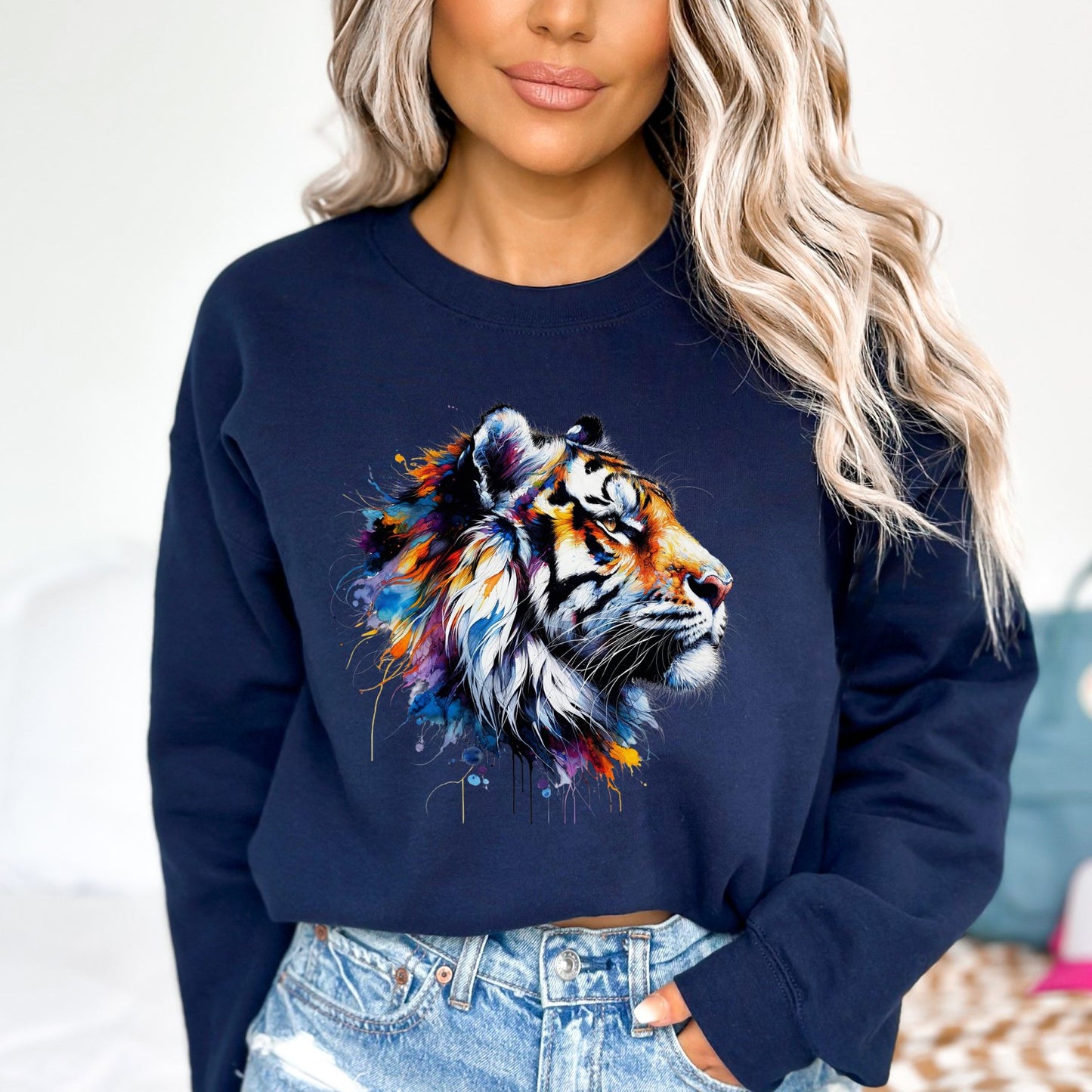 Handdrawn Trendy Tiger Color Splash Unisex Sweatshirt Black Navy Dark Heather-Navy-Family-Gift-Planet