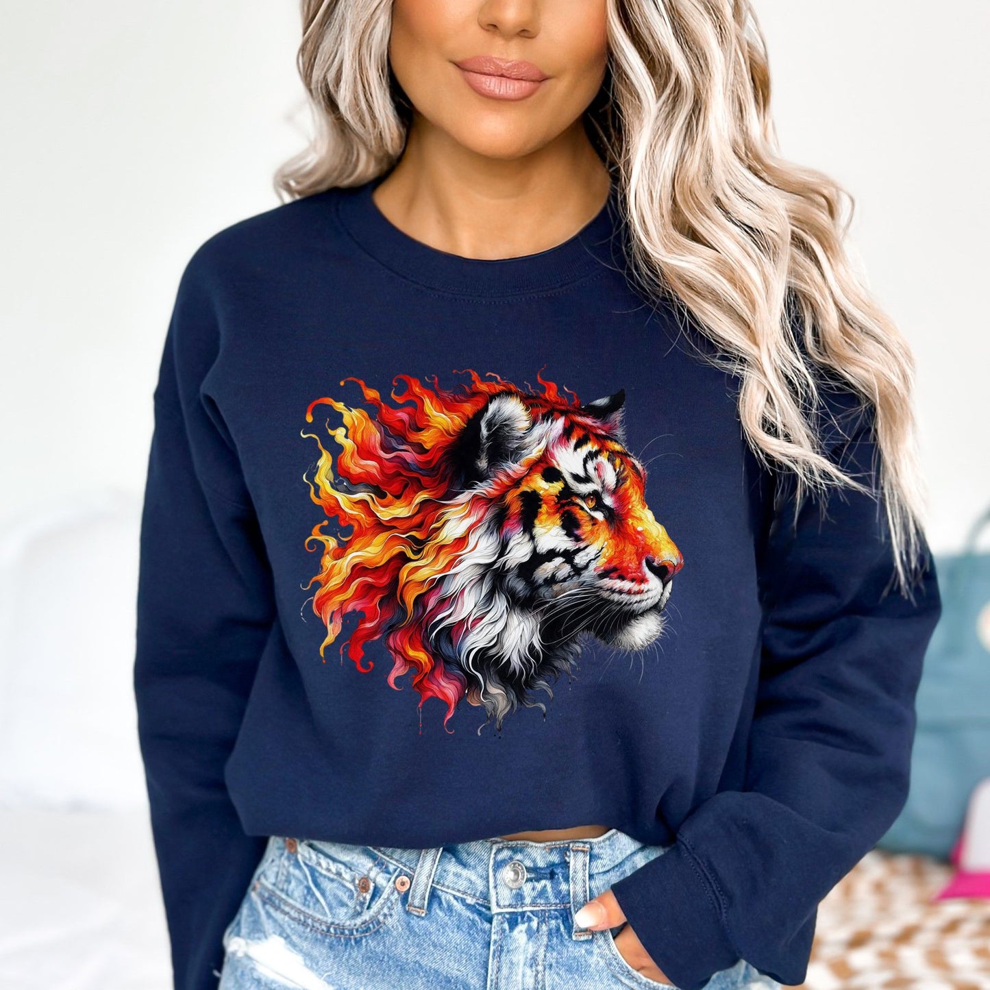Tiger in fire Unisex Sweatshirt Black Navy Dark Heather-Navy-Family-Gift-Planet