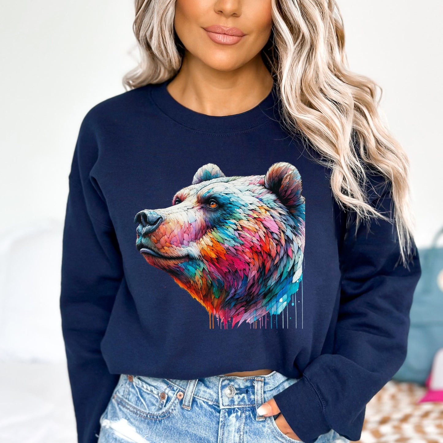 Artistic Bear Color Splash Unisex Sweatshirt Black Navy Dark Heather-Navy-Family-Gift-Planet