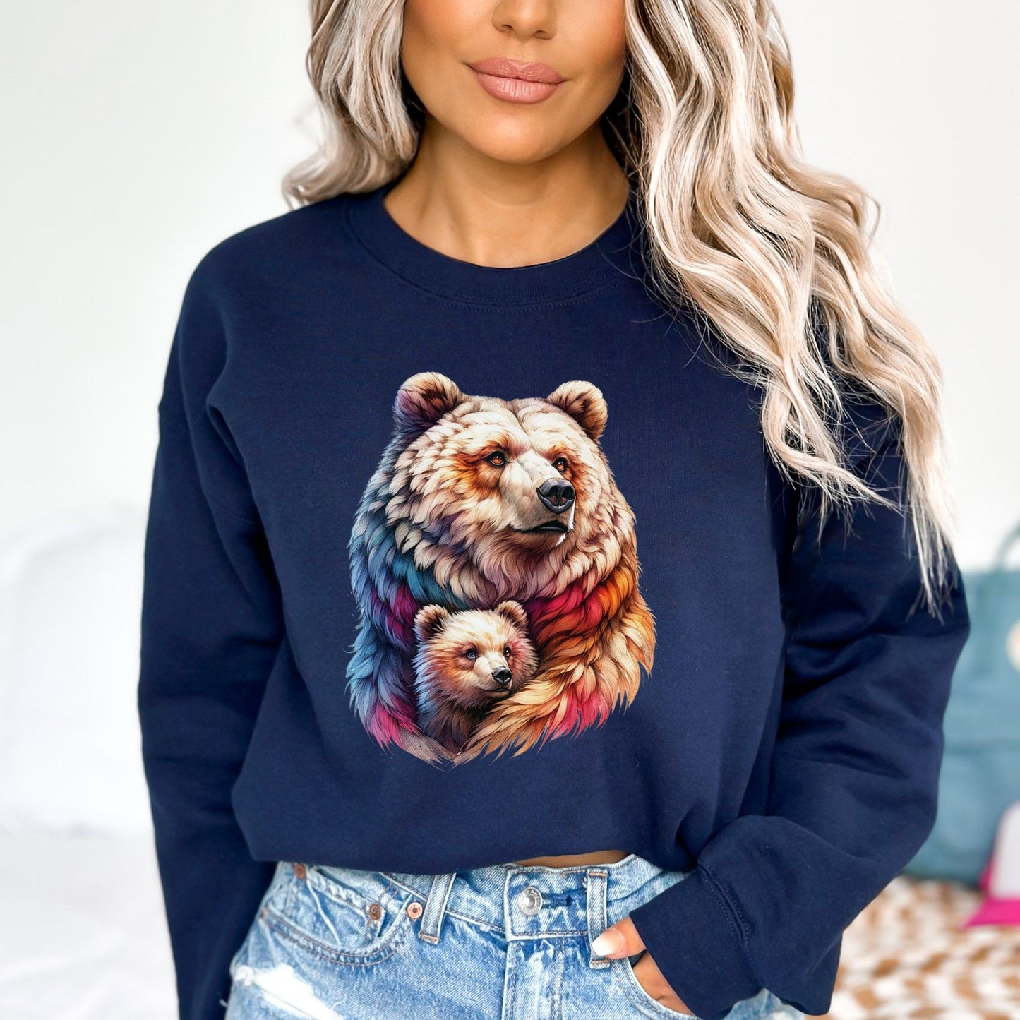 Mama Bear Unisex Sweatshirt Mother's Day crewneck Black Navy Dark Heather-Navy-Family-Gift-Planet