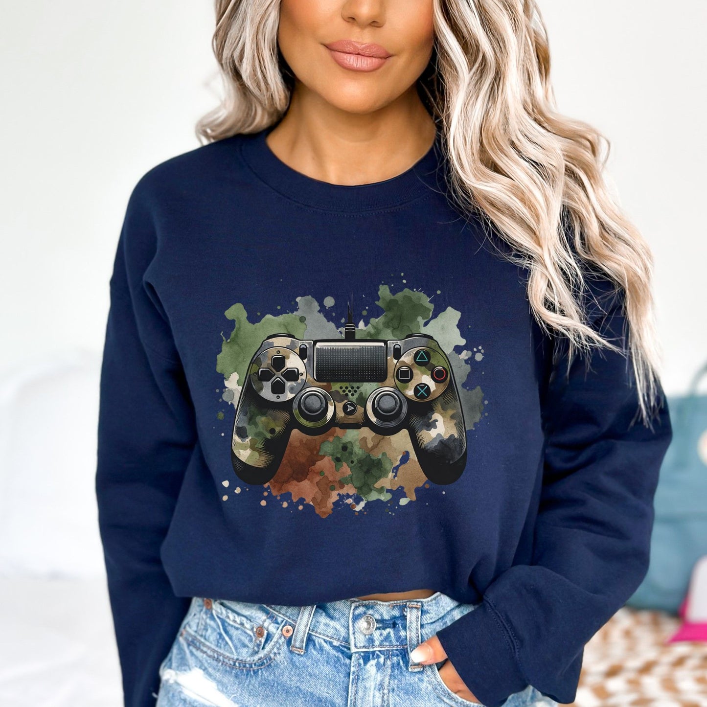 Gamer camo Color Splash Unisex Sweatshirt Black Navy Dark Heather-Navy-Family-Gift-Planet