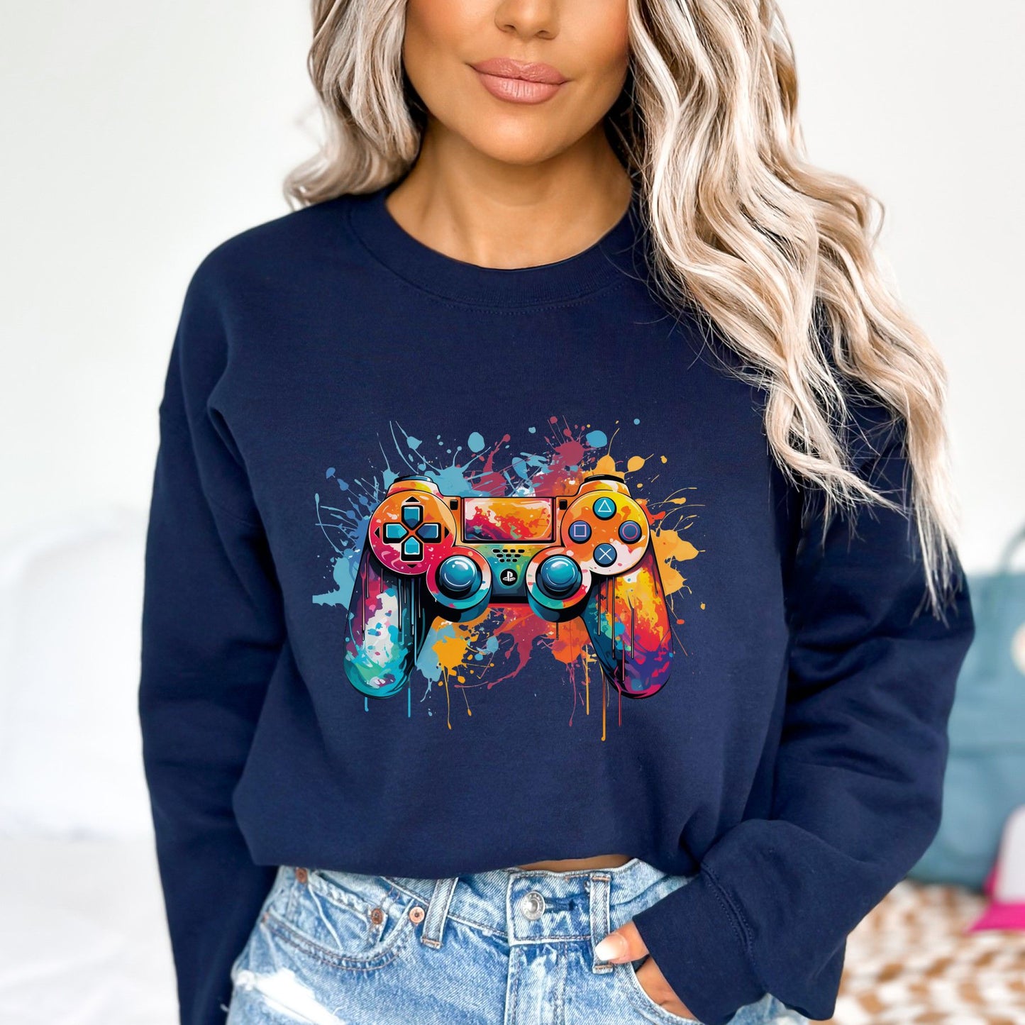 Game console Color Splash Unisex Sweatshirt Black Navy Dark Heather-Navy-Family-Gift-Planet