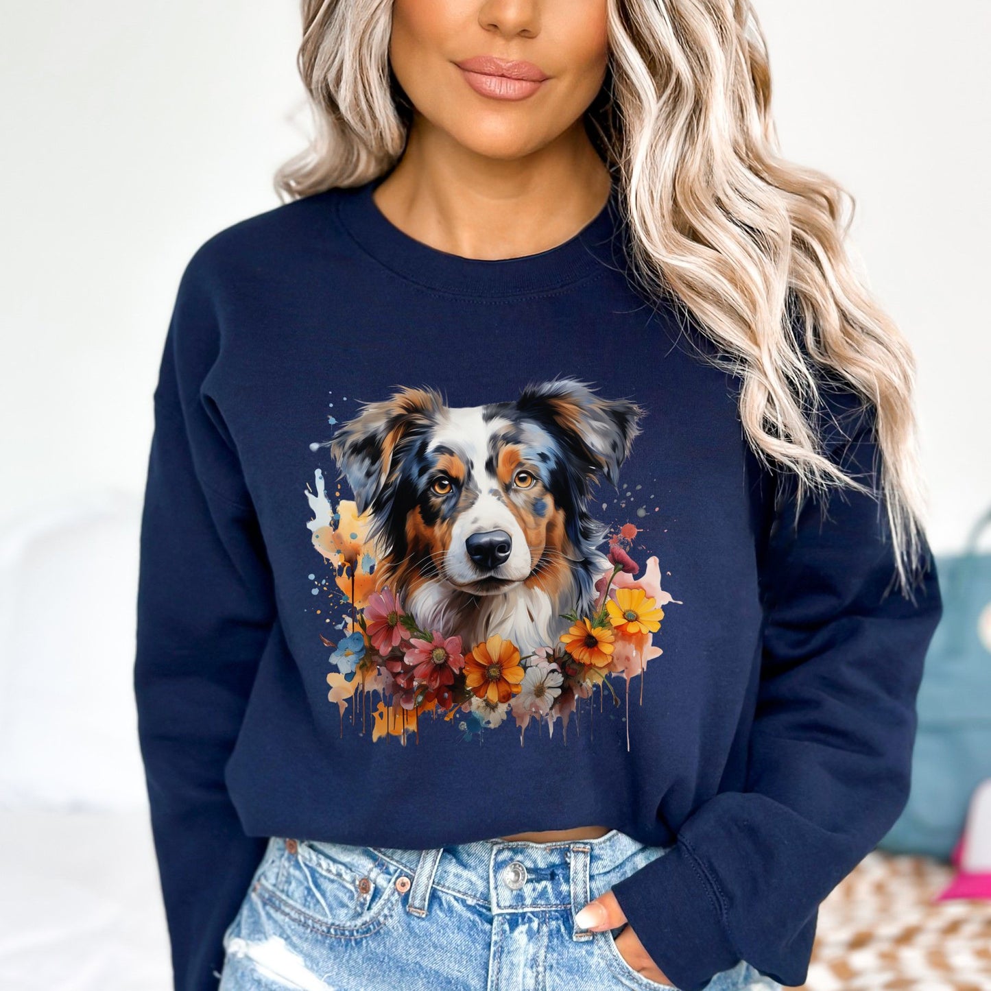 Australian Shepherd floral Color Splash Unisex Sweatshirt Black Navy Dark Heather-Navy-Family-Gift-Planet