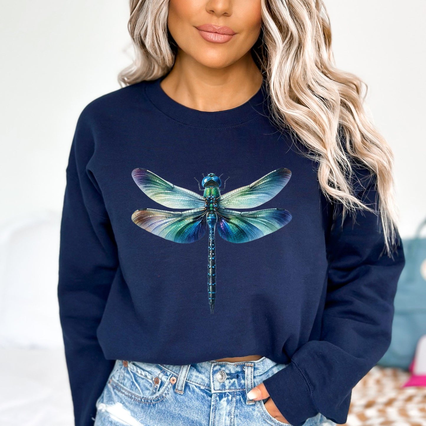 Blue Dragonfly Color Splash Unisex Sweatshirt Black Navy Dark Heather-Navy-Family-Gift-Planet