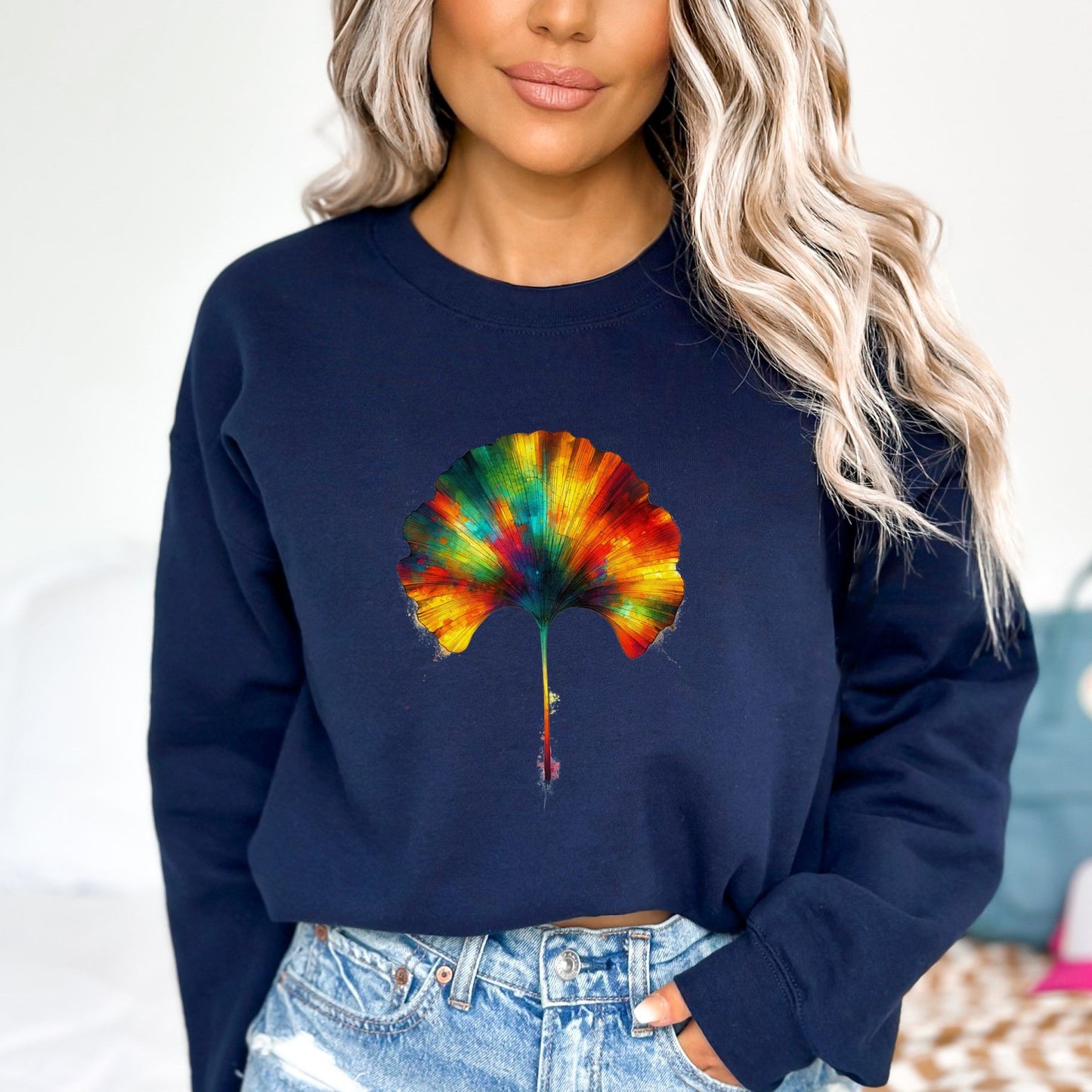 Colorful Ginkgo Leaf Color Splash Unisex Sweatshirt Black Navy Dark Heather-Navy-Family-Gift-Planet